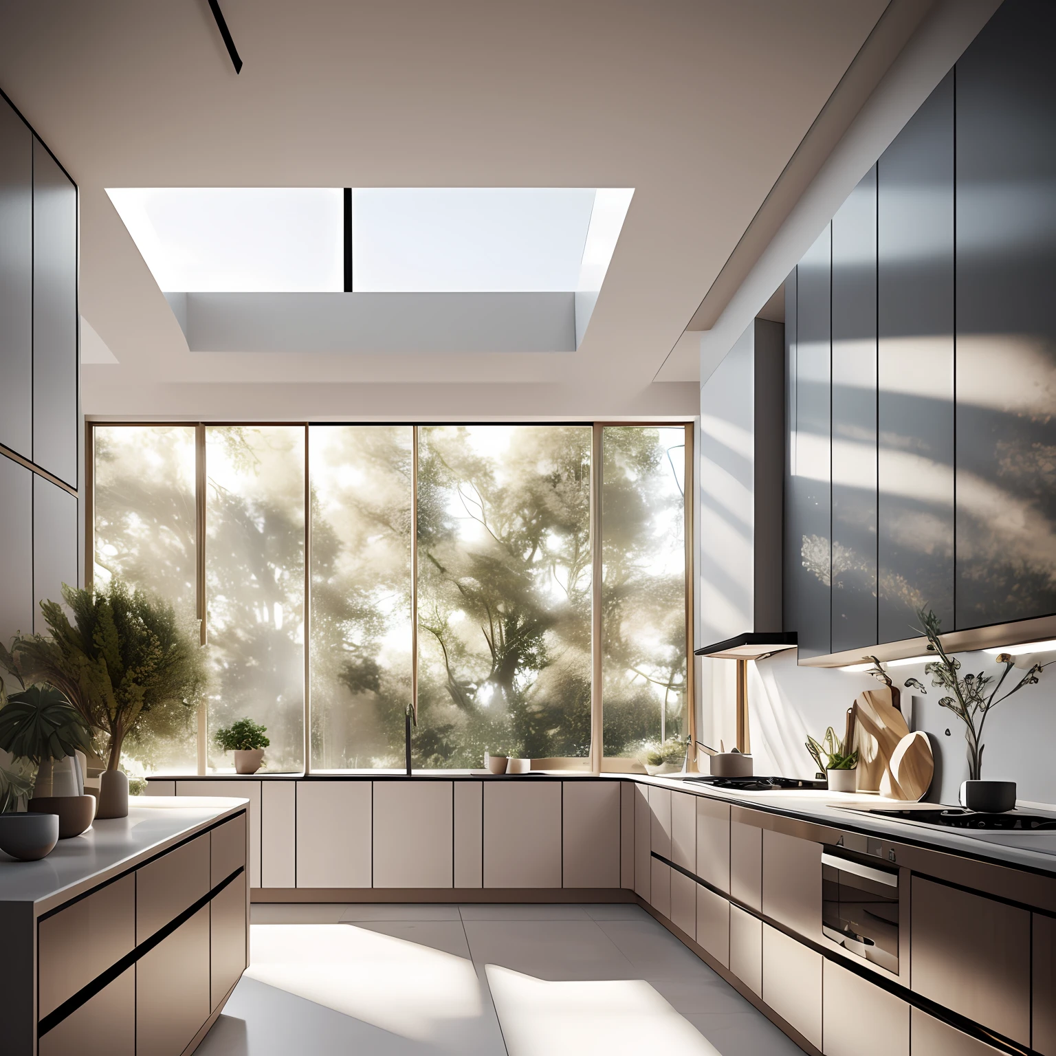 Minimalist kitchen,Flowers and plants are scarce(1:0.02),sun's rays,an award winning masterpiece,Incredible details Large windows,highly detailed,Harper's Bazaar art,fashion magazine,fluency,Clear focus,8K,rendering by octane --auto
