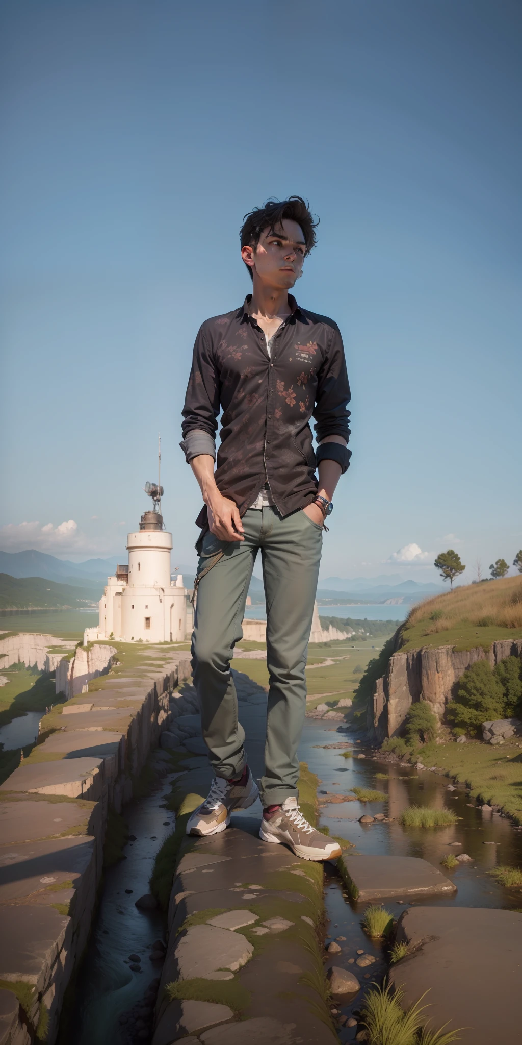 A boy stand this location Masterpiece, ultimate quality, Cg unity 8k wallpaper, super delicate, beautiful sky and clouds, rich natural scenery, cliffs, lakes and rivers, waterfalls and flying water, beautiful green mountains, no trace of people, excellent scenery, has already won a photo contest, background Blurring, full depth of field, HDR high dynamics, true restoration, intricate, extreme details, dramatic presentation, perfectly presenting the style of midjourney art.