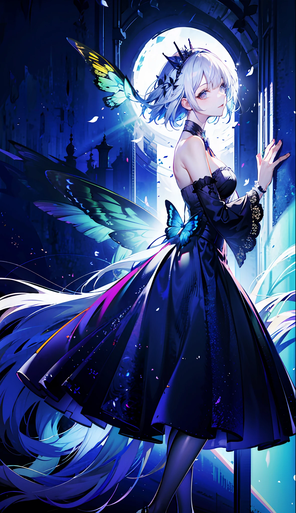 8k wallpaper，detailedbackground，Highest high resolution，silber hair，Bandeau princess dress，shift dresses，Castle background，A princess，butterflys，rays of moonlight，