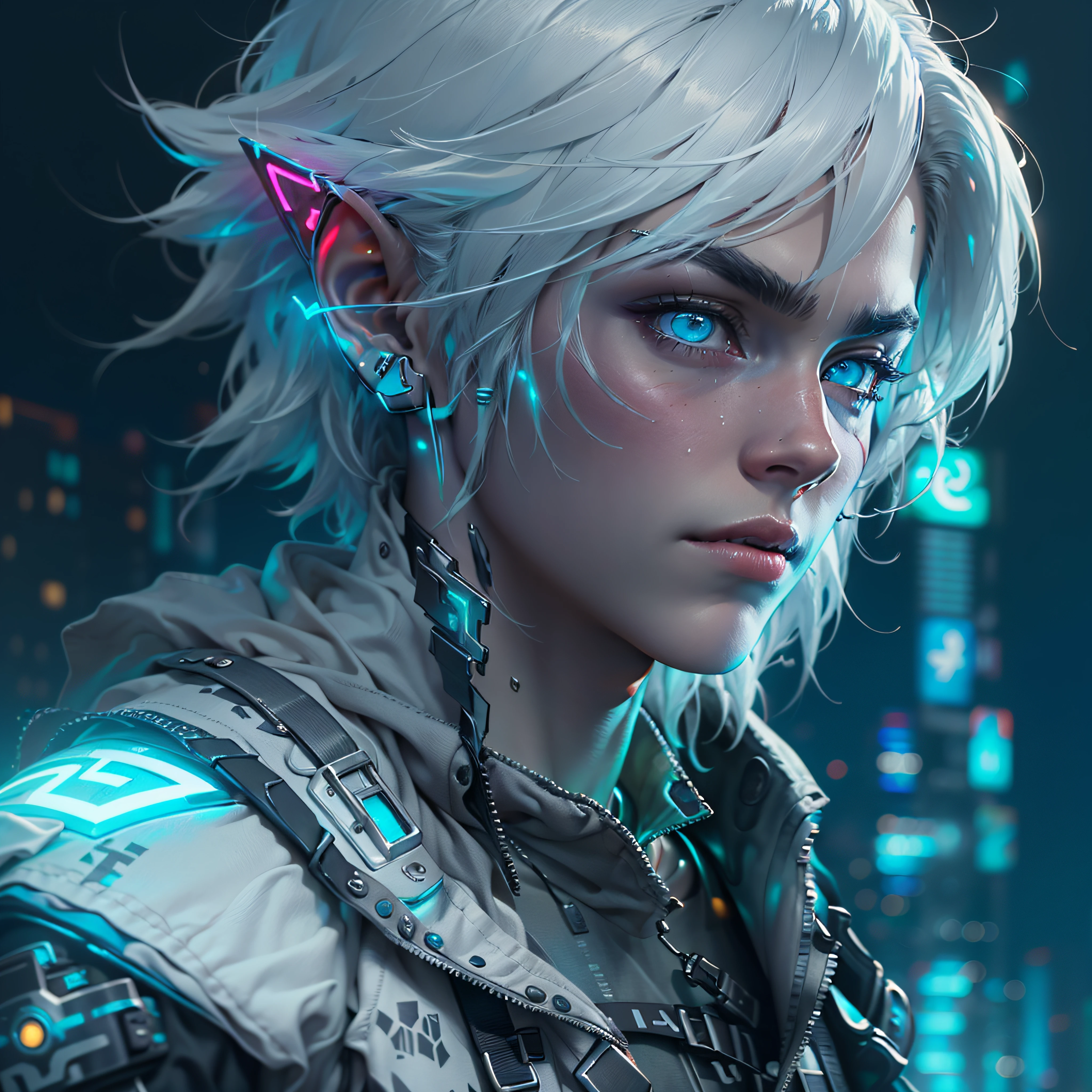 ultra detail, high resolution, ultra detailed, best quality, amazing, top quality, extremely detailed CG 8k wallpaper unit, cinematic lighting, Zelda cyberpunk link, cyberpunk, dark boy, White clothing, white armor, neon berde, white hair, bright blue eyes,