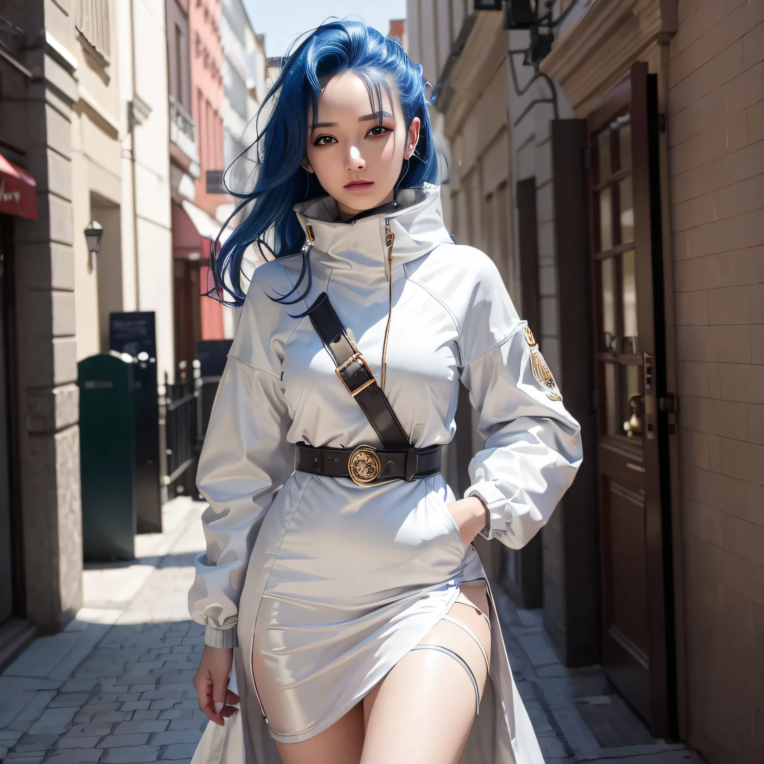 Alafi in a white dress and long coat walks the street, Anime cosplay, Anime girl cosplay, styled like ghost in the shell, beautiful cyberpunk woman model, professional cosplay, glamourous cosplay, trending on cgstation, 《dragonball》Bulma, cosplay, Anime girl in real life, trending at cgstation, pretty girl with blue hair