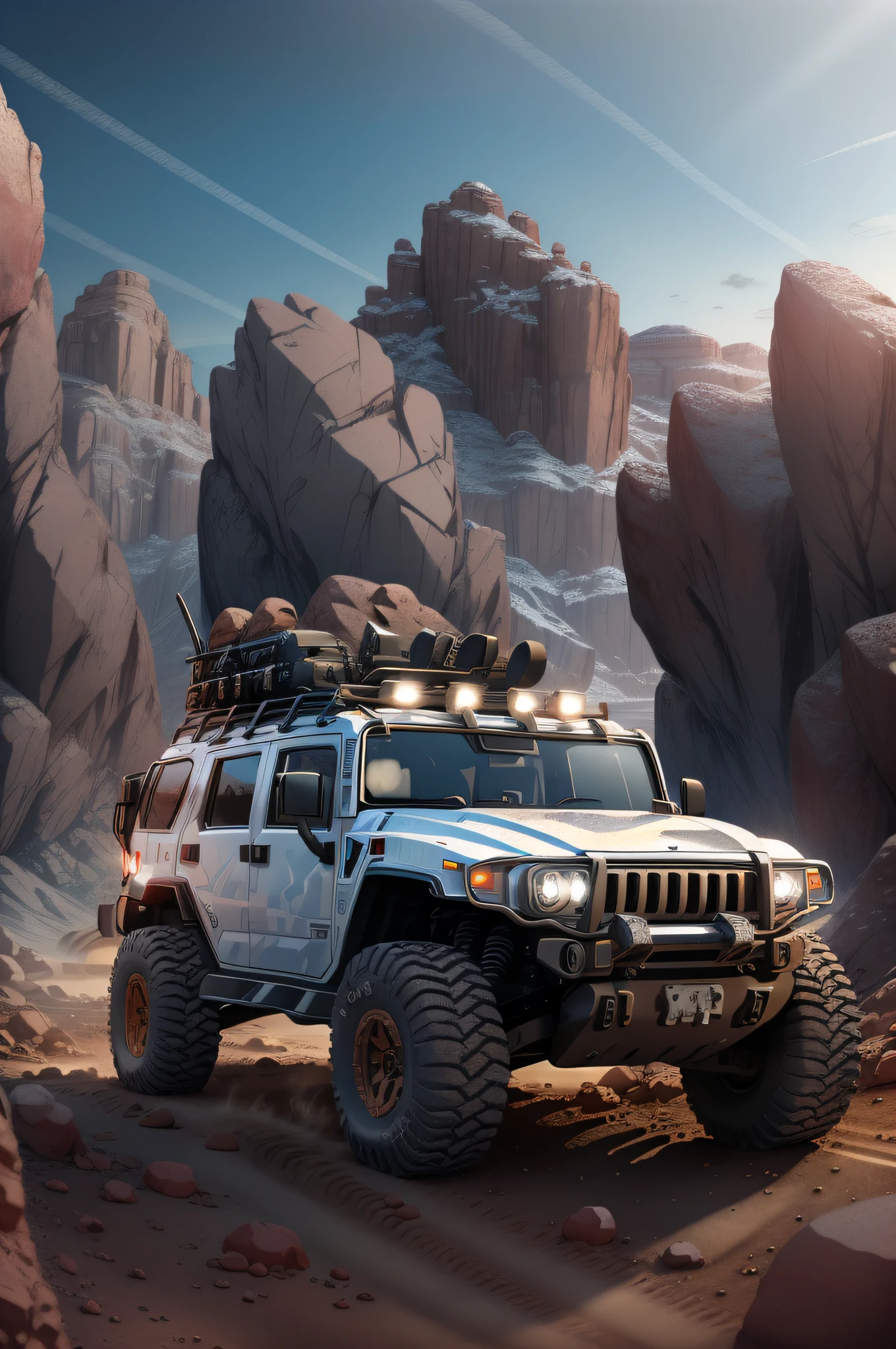 (masterpiece, best quality),  intricate details,
 hh3,  off road tires,  dirt road, large rocks,