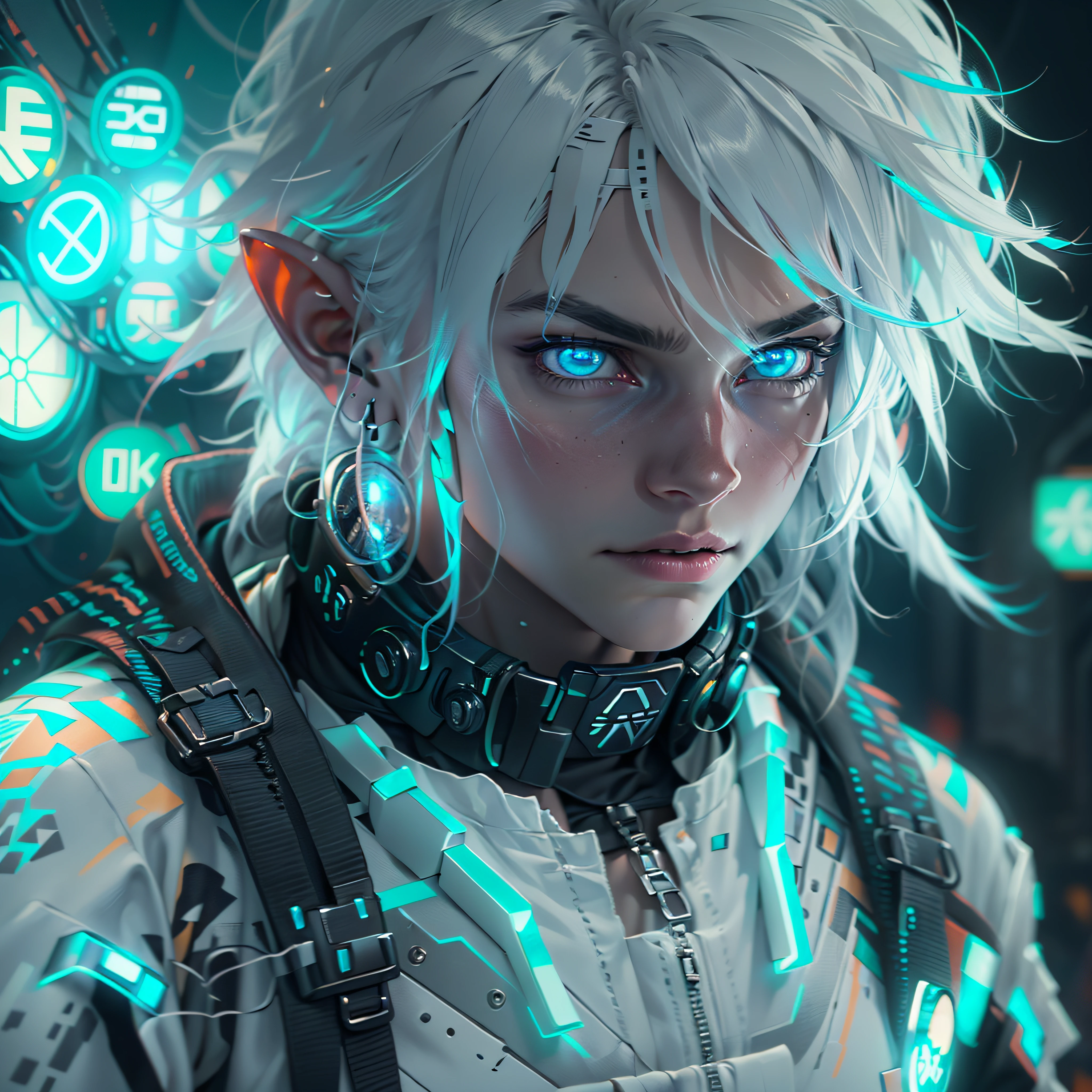 ultra detail, high resolution, ultra detailed, best quality, amazing, top quality, extremely detailed CG 8k wallpaper unit, cinematic lighting, Zelda cyberpunk link, cyberpunk, dark boy, White clothing, white armor, neon berde, white hair, bright blue eyes,