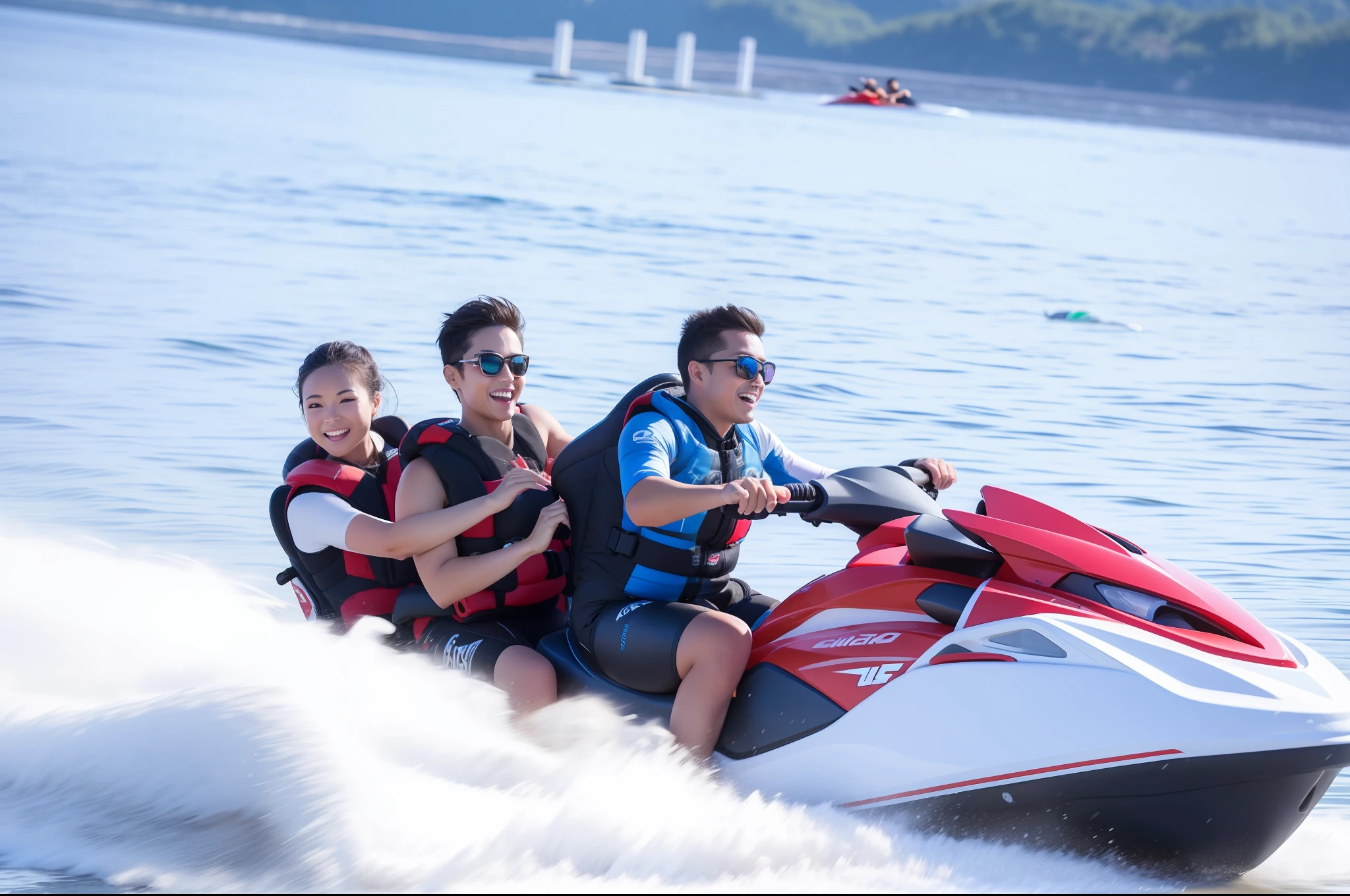 Three-person jet ski frolicking,Have fun,Enthusiastic,beginner,Ocean view,In seawater