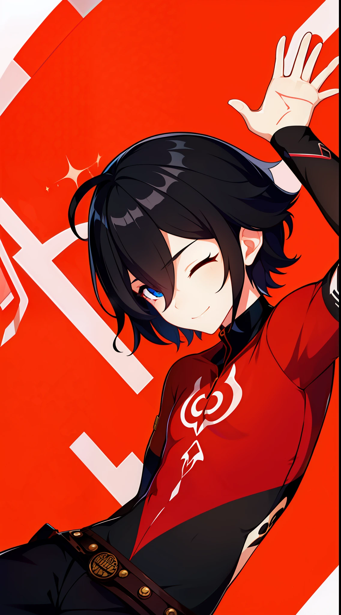 young boy, short black hair, With your eyes closed, Daredevil, Tatoo, ssmile, Masterpiece, hiquality