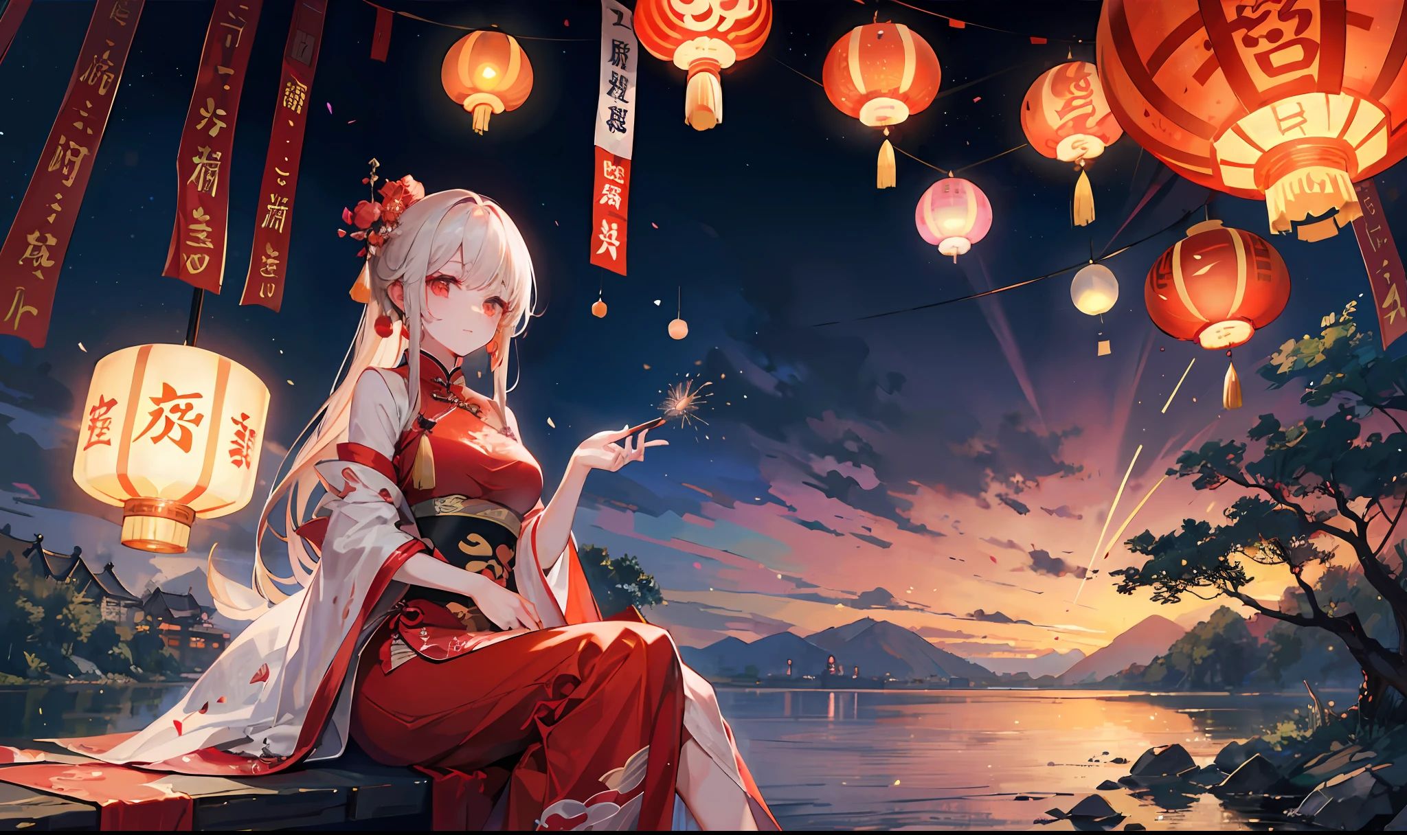 a beautiful  woman，Chinese New Year，the night，sitting on the bank of the river，Shore，Look at the Kong Ming lanterns flying in the sky，Lots of Kongming lanterns，Fireworks 1.6，Fireworks 2，inverted image，look up to，a warm color palette