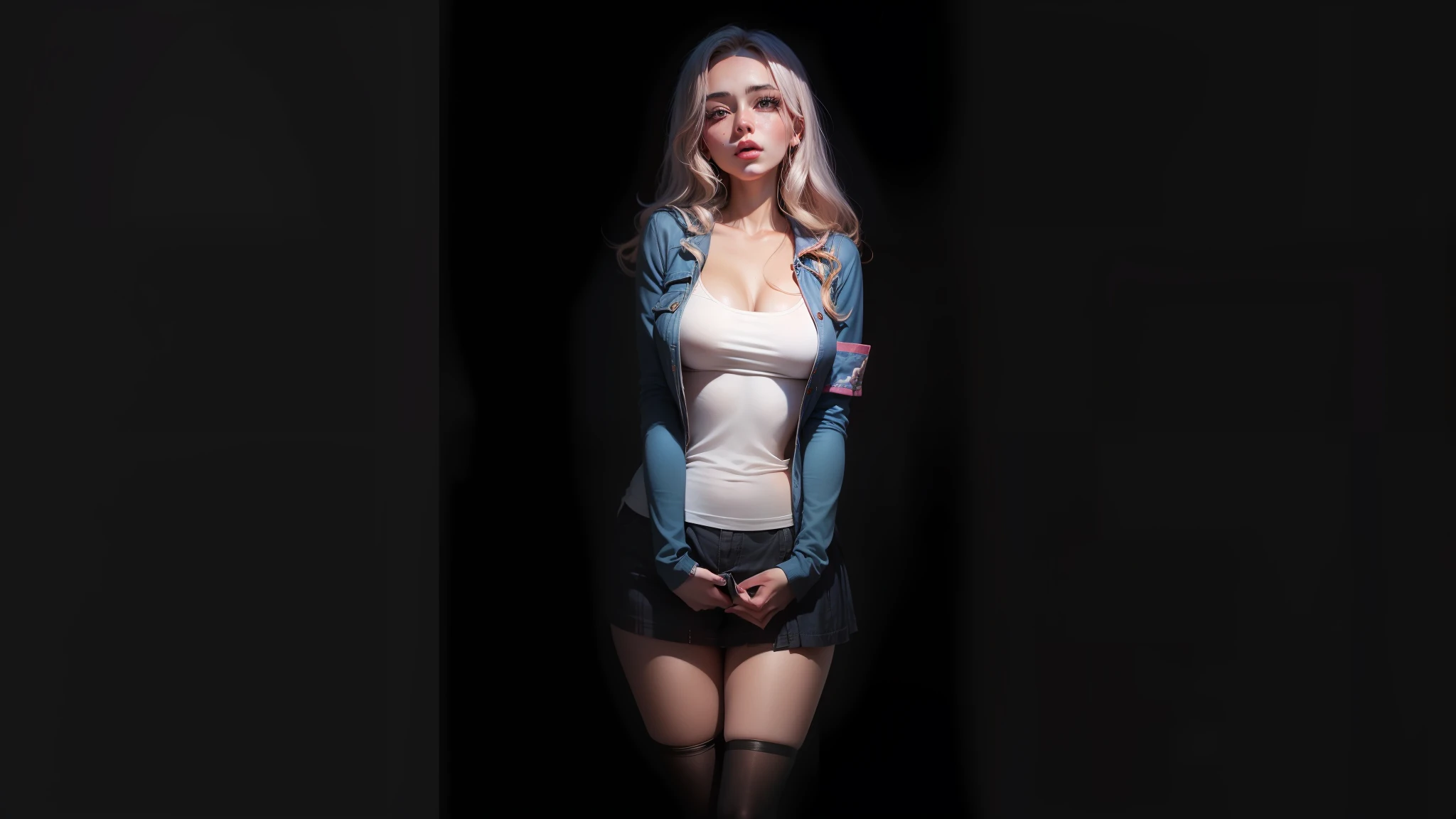 Mulher jovem, loira, bonita, Fine-drawn face, olhos azuis, rosy lips, Sardas, middlebreasts, coxas grossas, cintura estreita, usando blusa rosa, blusa decotada, saia plissada azul escura, meias brancas acima dos joelhos, fundo claro, Atmosphere with Scandinavian decoration, bem iluminado, luz suave
