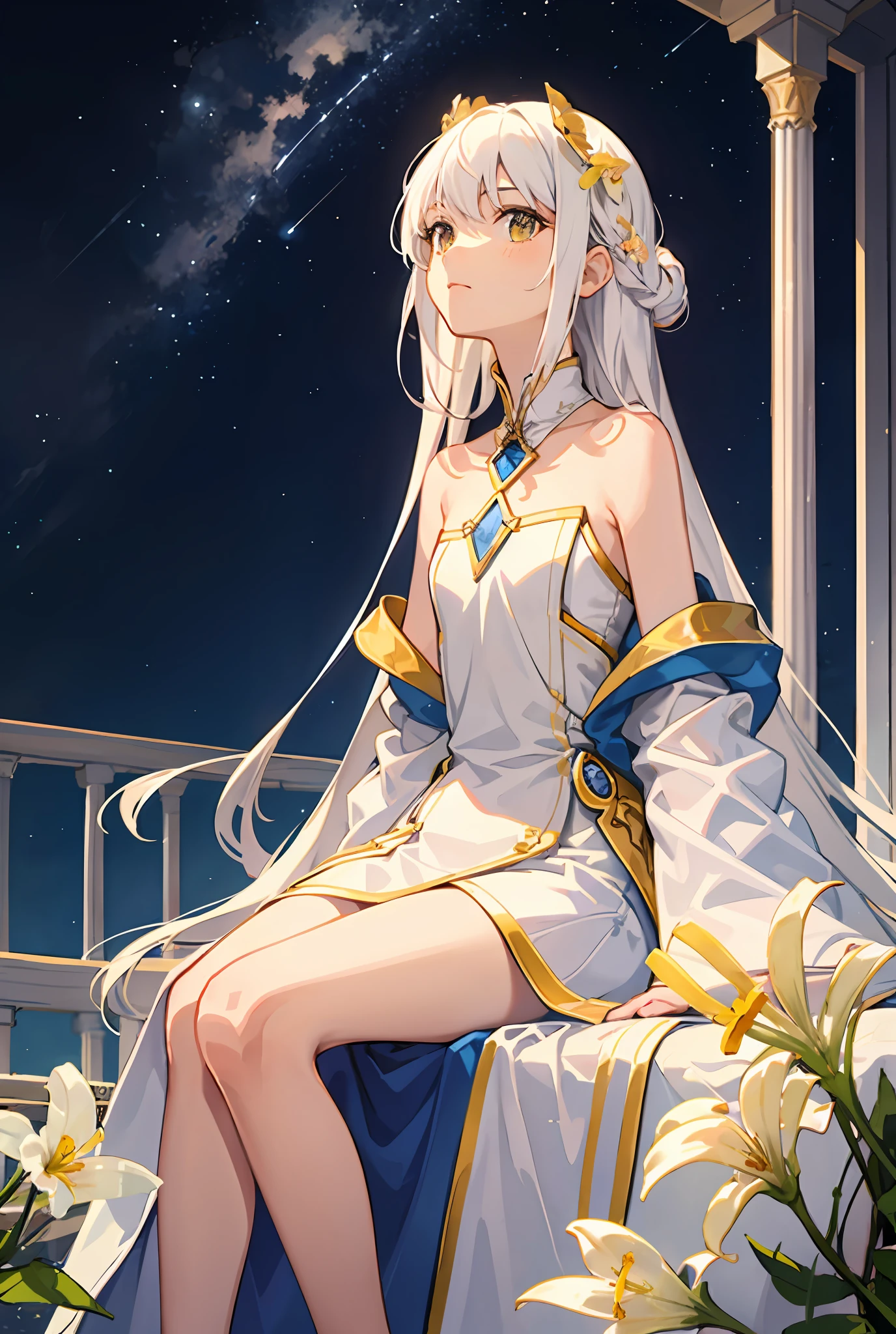 perfect anatomy,1girl, white hair,Stargazer,flat chest,young,High Priestess,shoulder out,look up at the sky,sitting,night sky,outdoor,Plateau,(wide viewer:1.3),(evening primrose:1.3)