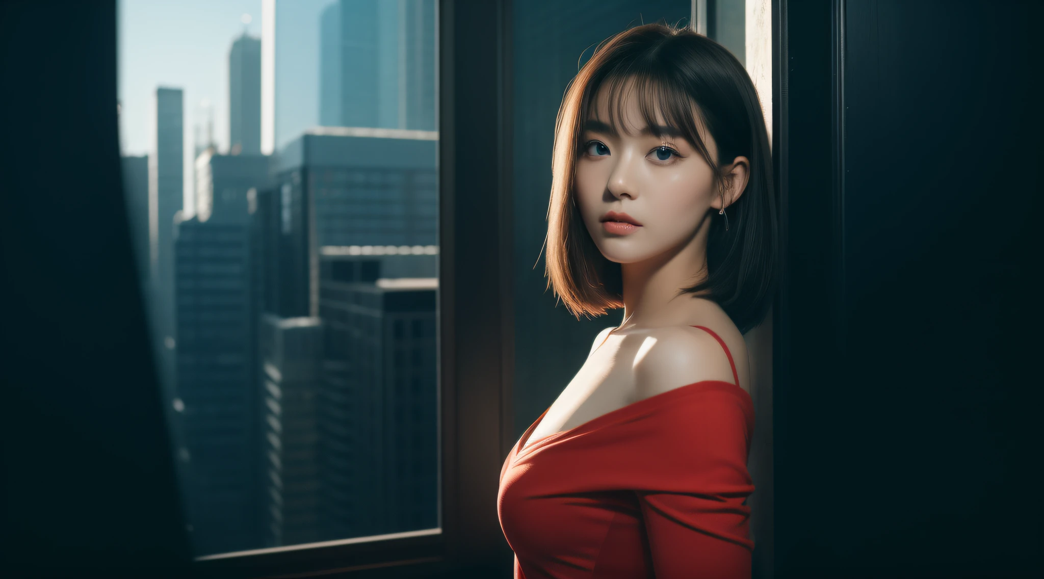 (1girl:1.3), 独奏, offcial art, 统一 8k 壁纸, ultra - detailed, Beautiful and aesthetic, big breasts beautiful, tmasterpiece, Best quality at best, RAW,rays of sunshine,full-body portraits,stunningly beautiful,Raised sexy,hot,dynamicposes,delicated face,vibrant eyes,(seen from the front),She wore a black slip dress,Black and red color scheme,Very detailed library background,detailed face with,Detailed, complex, busy background,untidy,opulent,deep blacks,Highly detailed skin,Realistic details of skin,Visible Pore,tack sharp focus,volume fog,8k uhd,digital SLR camera,high qulity,filmgrain,White skin of the,photo-realism,lomography,Huge metropolis in a dystopia of the future ,seen from the front,semi transparent。