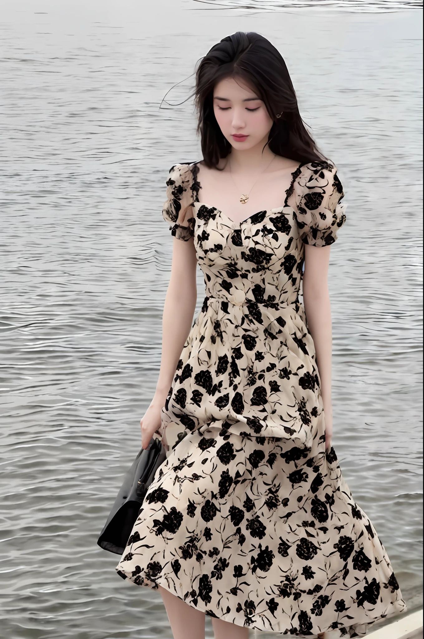 A woman stands on a pier near a body of water, Romantic dress, baroque dress, Elegant dress, wearing a long flowery dress, trendy dress, Dressed in elegant dresses, Women's long skirt, golden and black dress, floating dress, frock, Long dress, Woman in dress, Flower dress, wearing flowing dress, full covered dress, retro dress, Beautiful dress