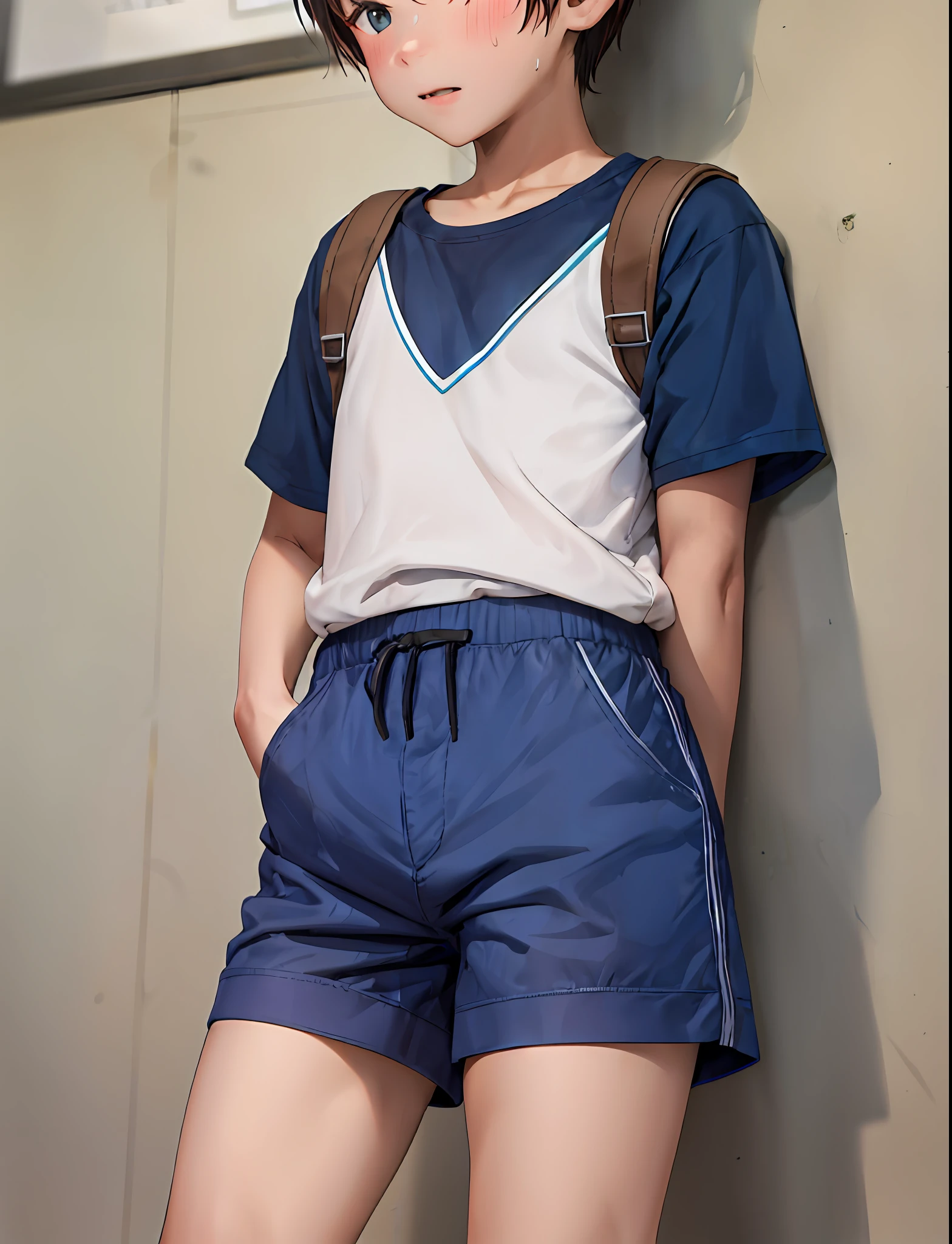 There was a little boy standing against the wall, taken with canon 8 0 d, wearing a camisole and shorts, is wearing a shorts, with two front pockets, mid shot portrait, boy shorts, Short sleeves, sport bra and dark blue shorts, taken with sony alpha 9, shorter pants, young man with short, Blue clothes, sweat shorts