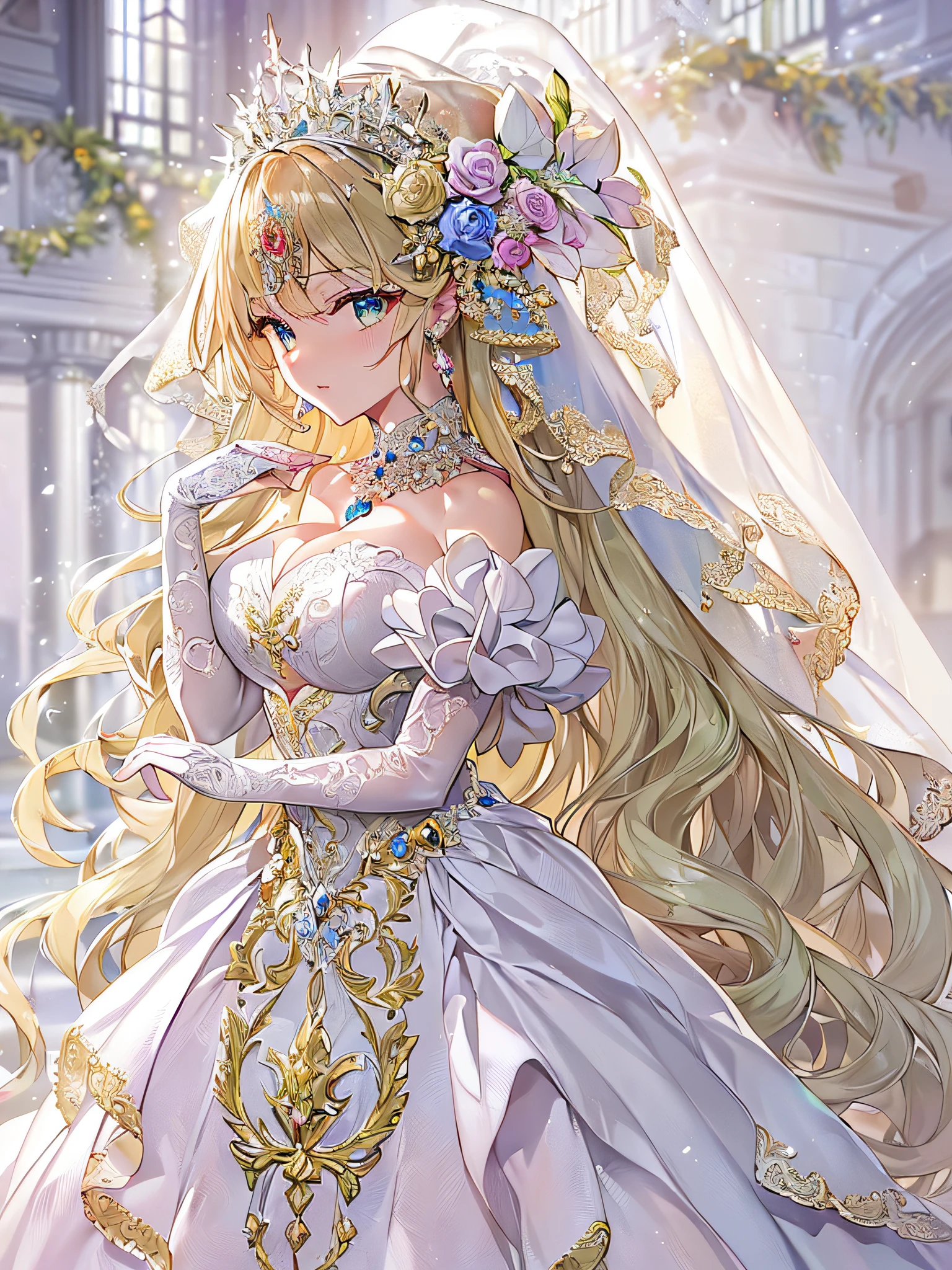((anime artstyle)),(Masterpiece),(Best Quality), (Super Detail),((Very Delicate and Beautiful)),Focus on character,Dynamic Angle,Looking at viewer,((Solo)),standing,((full body)),((one princess in gorgeousfull BlingBling wedding dress with voluminous skirt)),((BlingBling)),detailed face and eyes,jewel-like eyes,((Very Long voluminous Hair)),gorgeous embroidery and lace,((gorgeous corsage)),See-through,(Gorgeous BlingBling jewelry ornaments),luxury hair ornament,BlingBling luxury tiara with jewels,ornate ruffles,((gigantic breasts,Long breasts)),indoor,church wedding,((full body)),hoop skirt,crinoline,very long gorgeousfull wedding veil,(((jeweled gorgeous embroidery BlingBling wedding dress)))