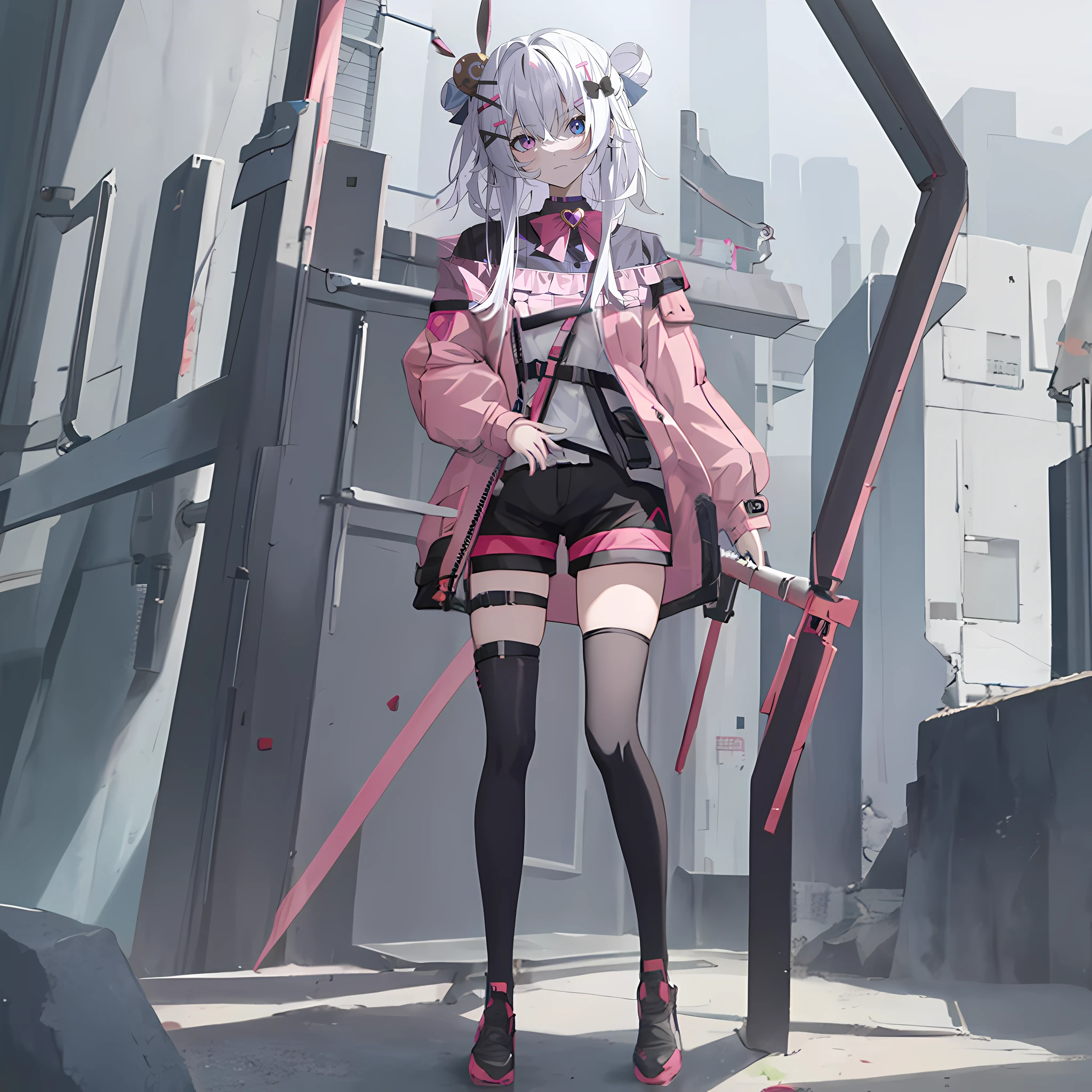 with short white hair，animemanga girl, Anime moe art style, Official artwork, From Arknights, Pink coat，Black  shorts，Super beautiful girl