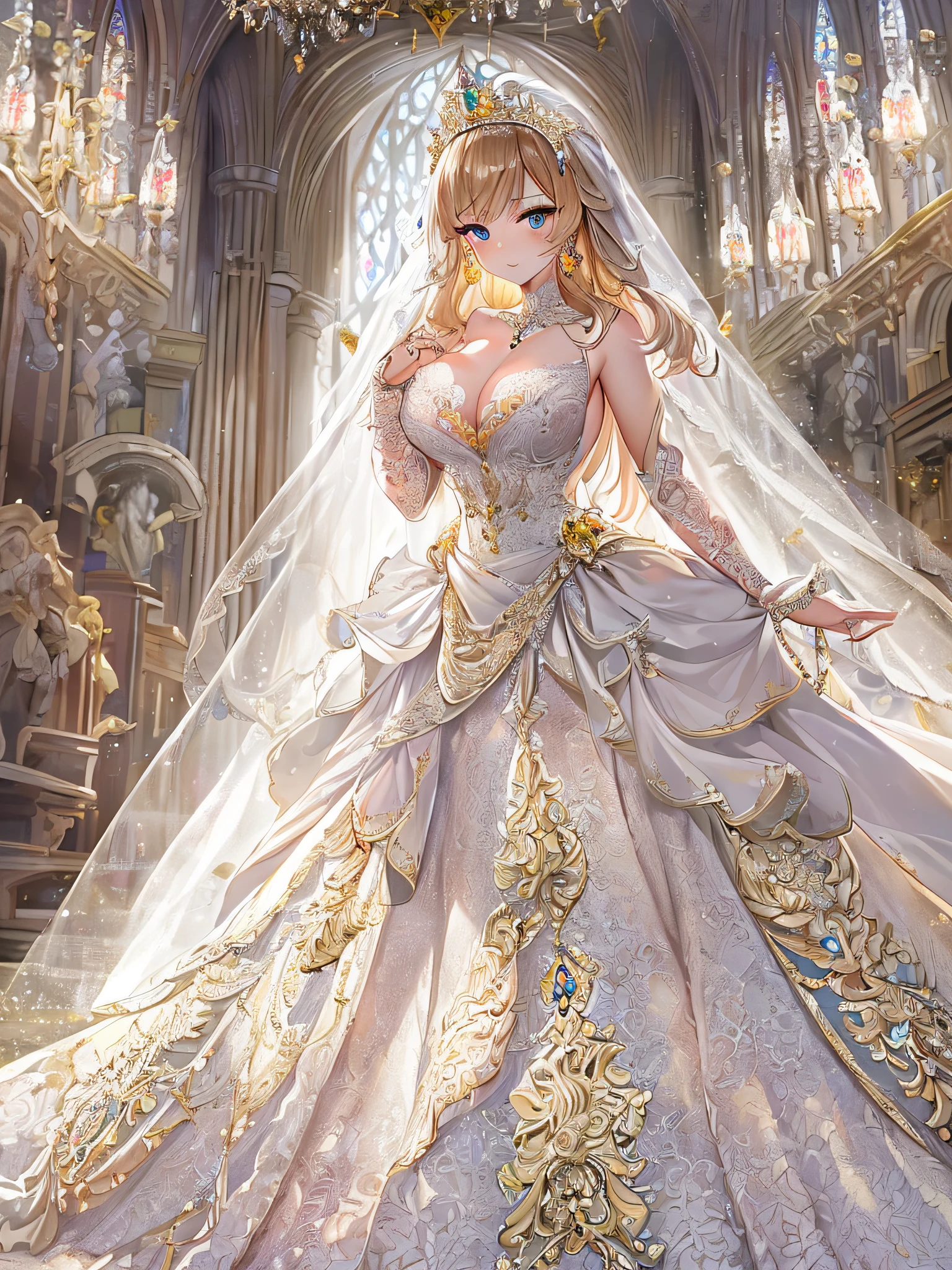((anime artstyle)),(Masterpiece),(Best Quality), (Super Detail),((Very Delicate and Beautiful)),Focus on character,Dynamic Angle,Looking at viewer,((Solo)),standing,((full body)),((one princess in gorgeousfull BlingBling wedding dress with voluminous skirt)),((BlingBling)),detailed face and eyes,jewel-like eyes,((Very Long voluminous Hair)),gorgeous embroidery and lace,((gorgeous corsage)),See-through,(Gorgeous BlingBling jewelry ornaments),luxury hair ornament,BlingBling luxury tiara with jewels,ornate ruffles,((gigantic breasts,Long breasts)),indoor,church wedding,((full body)),hoop skirt,crinoline,very long gorgeousfull wedding veil,(((jeweled gorgeous embroidery BlingBling wedding dress)))