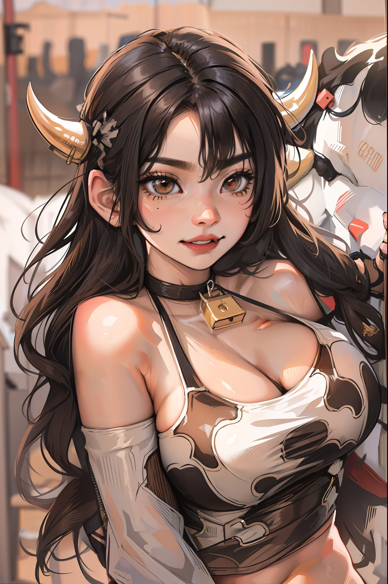 anime girl wearing cow horns, black wavy hair, light brown eyes, cow bikini, cowbell choker, seductive, farm in the background, smirk, sultry expression