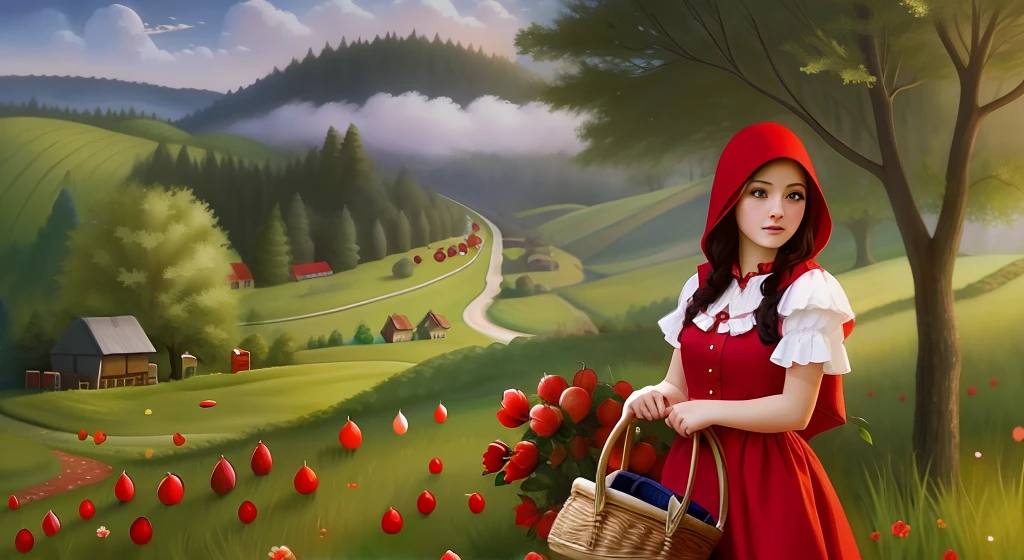Little Red Riding Hood carries a basket of apples to see her grandmother in the forest hut，Flowers bloom on the meadow，Cute, Realistic fantasy rendering, fantasy fairytale story, background artwork, fantasy digital painting, beautiful fantasy maiden, digital art fantasy art, beautiful fantasy art