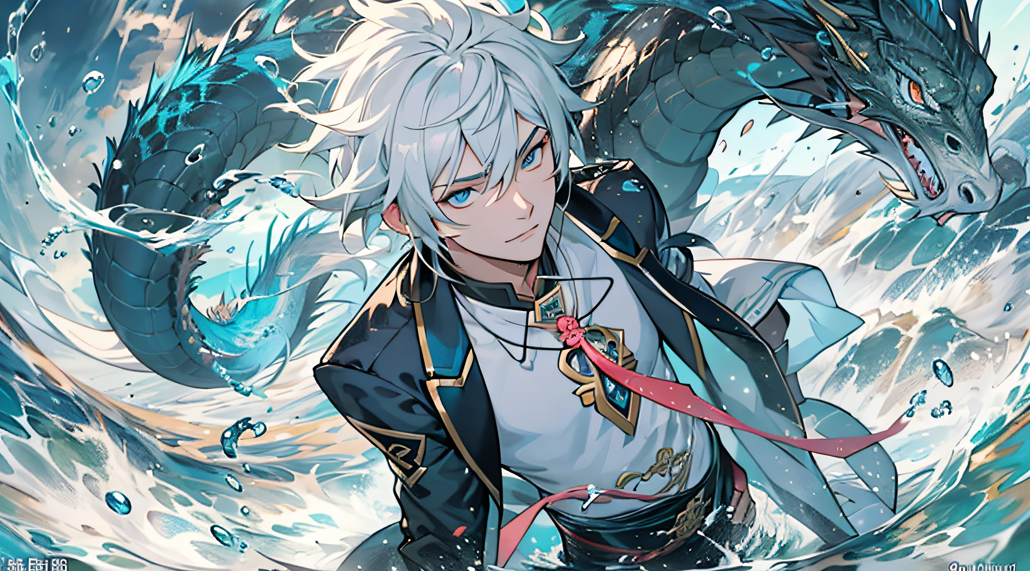 solo, handsome man, 1man, 1:4 masterpiece, anime character with long white hair and blue eyes running in ocean city, keqing from genshin impact, handsome guy in demon slayer art, zhongli from genshin impact, white haired deity, tall anime guy with blue eyes, genshin impact character, onmyoji portrait, casimir art, beautiful androgynous prince, heise jinyao,black blue shirt, black suit,white overcoat, Portrait, small blue Seahorse around man, focus viewer, water, Portrait, release water power, laugh, Plaing with water dragon, don't tie hair, brutal face