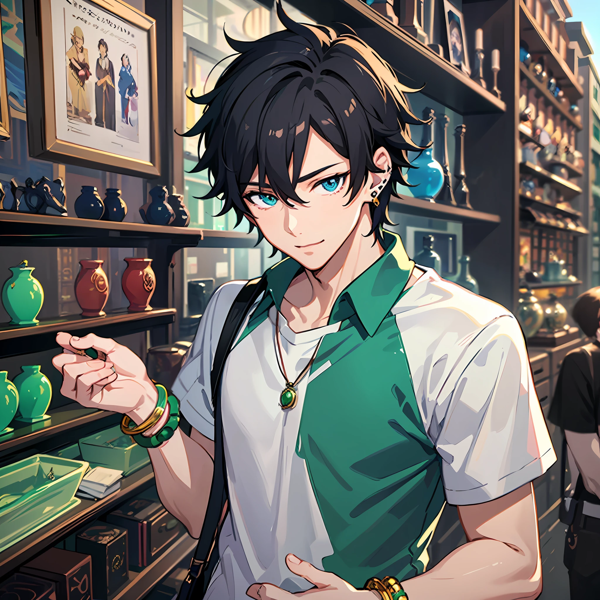 Anime characters in white T-shirts，In quaint streets，The streets are lined with antique vendors selling vases, porcelain, and antique paintings，Wearing a white T-shirt，(Holding a jade bracelet in his hand:1.6)，Blue pupils，ssmile，Tall anime man with blue eyes，young anime man，Anime handsome man，Anime portrait of a handsome man，Anime moe art style，Male anime style，inspirado em Okumura Masanobu，male anime character，Anime boys，High quality anime art style，Handsome anime pose，Smooth anime CG art，with short black hair，Black stud earrings