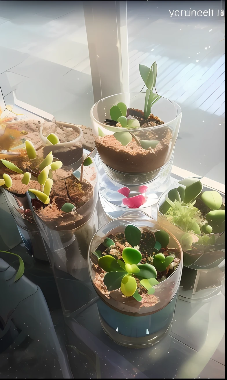 There are many small plants in the small glass container on the table, Plants in glasses, filled with plants and habitats, plants growing, small plants, Terrarium, Plants in a glass vase, plants in beakers, extra terrestrial plants, carnivorous plant, Water flows inside the terrarium, Catching traps for musk lettuce, small plants on the window sill