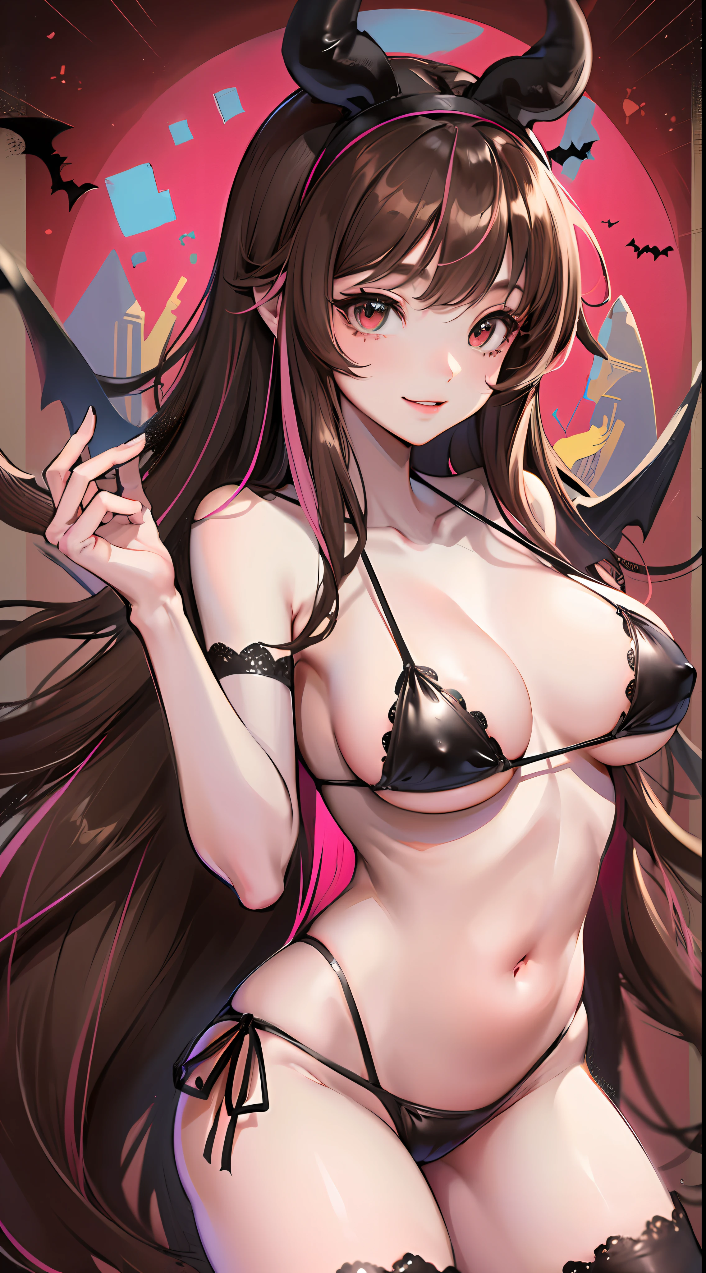 (Best quality, 8k, 32k, Masterpiece, UHD:1.2), kizuna ai, huge breasts,long hair, brown hair, multicolored hair, hair tied, pink hairband, pink highlights, streaked hair, smiling, micro bikini, succubus outfit, succubus tail, small bat wings , red eyes, horns on head