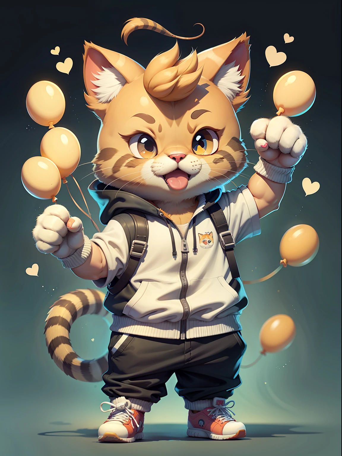 Cat Character: c4tt4sticp dressed in sportswear, full of energy, holding balloons, with a bright smile, exuding a positive and cheerful image.