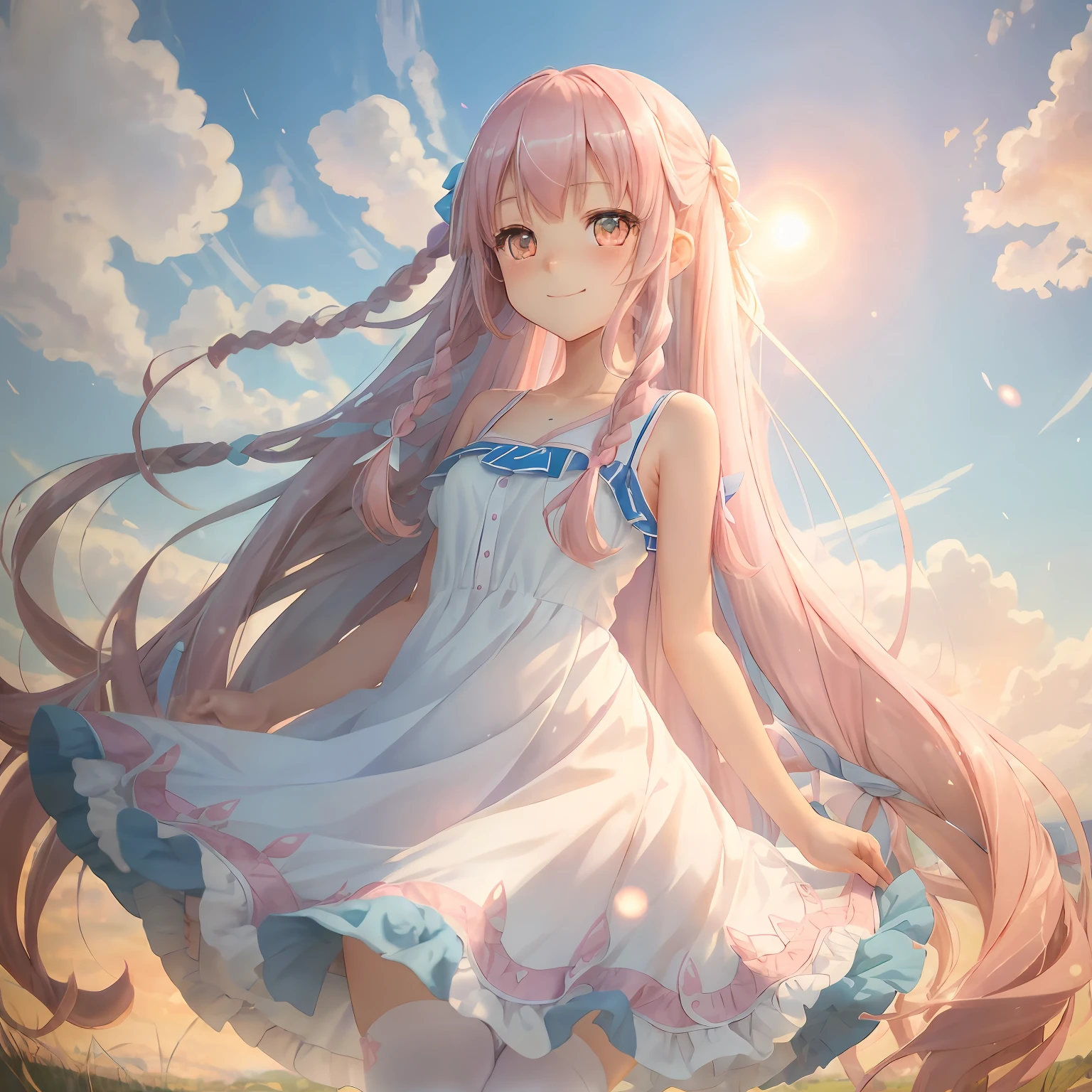 1080p,quadratic element,Kizi,Cute loli,16 yaers old,Long pink hair,Blue-white eyes,slanted bangs,Toothy smile,Issuing,Summer blue long dress,White tights,Turn 45 degrees,Ruffle your hair,setting sun,Anime style ,full bodyesbian