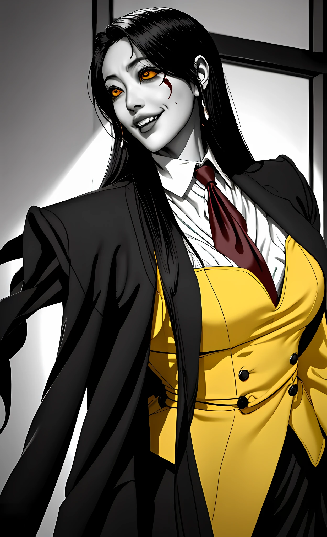 Close-up of a girl in a suit and tie, androgynous vampire, junji ito 4 k, with long dark hair, ito junji art, style of junji ito, Dark Costume, portrait of sadako of the ring, Gentle androgynous princess , Beautiful androgynous princess , with her long black hair, girl in suit, (big yellow eyes:1.3), fangs, detailing, extra high resolution, 8K, (The blood on her lips runs down her neck), (Lovely Medium Breasts), perfect anatomy, (Gloomy color scheme:1.5), (skinny body)