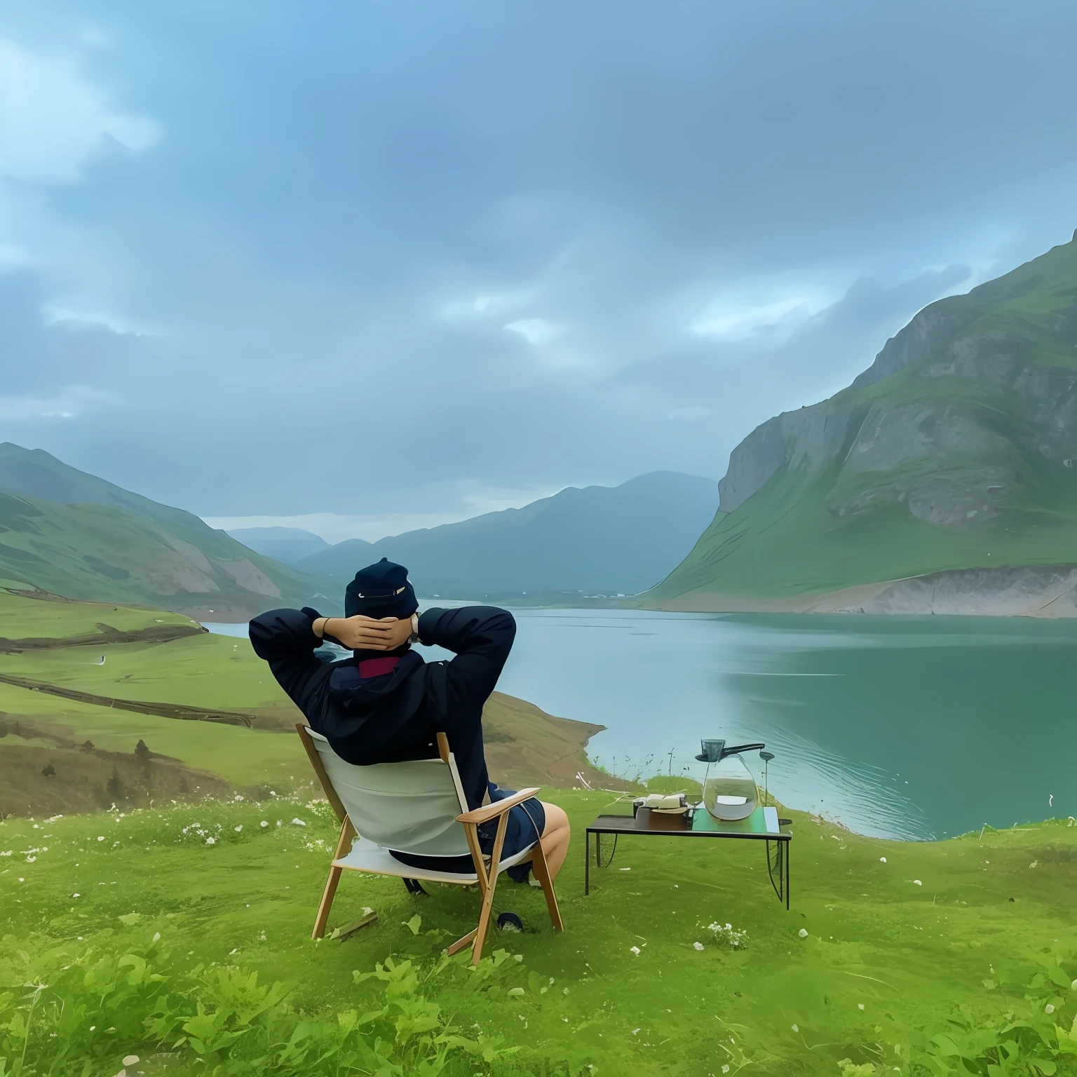 There was a man sitting on a chair on the hill,Overlooking the lake, sentado em frente a um lago, chill time. Good view, lonely scenery yet peaceful!!, perto de um lago, by Muggur, stunning nature in background, sittinng on the river, epic scenic shot, --auto