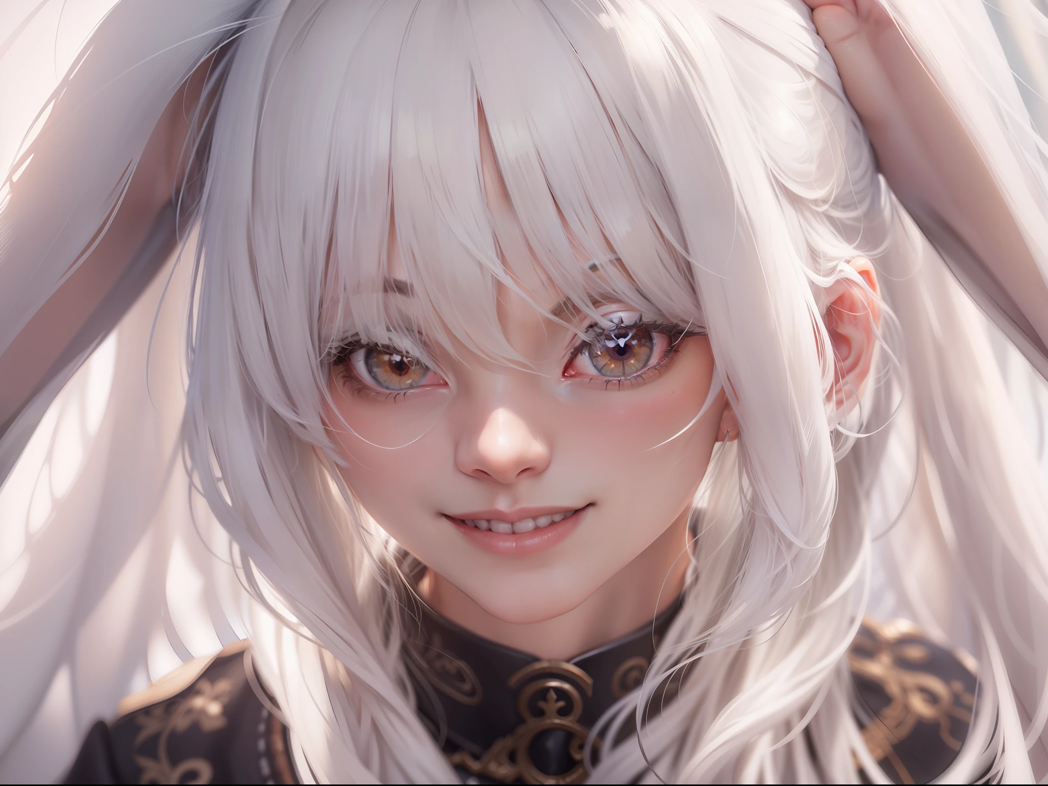 hair strand, white hair, mole under eye, rabbit ears, nervous smile, high detail, Gothic art, Hyperrealism, anime style, stereogram, perspective, Sony FE GM, 16k, textured skin