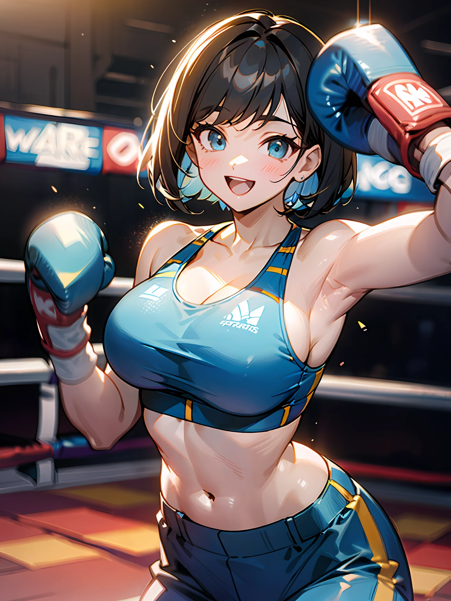 Female Boxers、A dark-haired、bob cuts、Cropped bangs、Light blue sports bra、((Blue Boxing Gloves))、Hands raised、huge smile、Rejoice with the whole body、perspiring、One lady