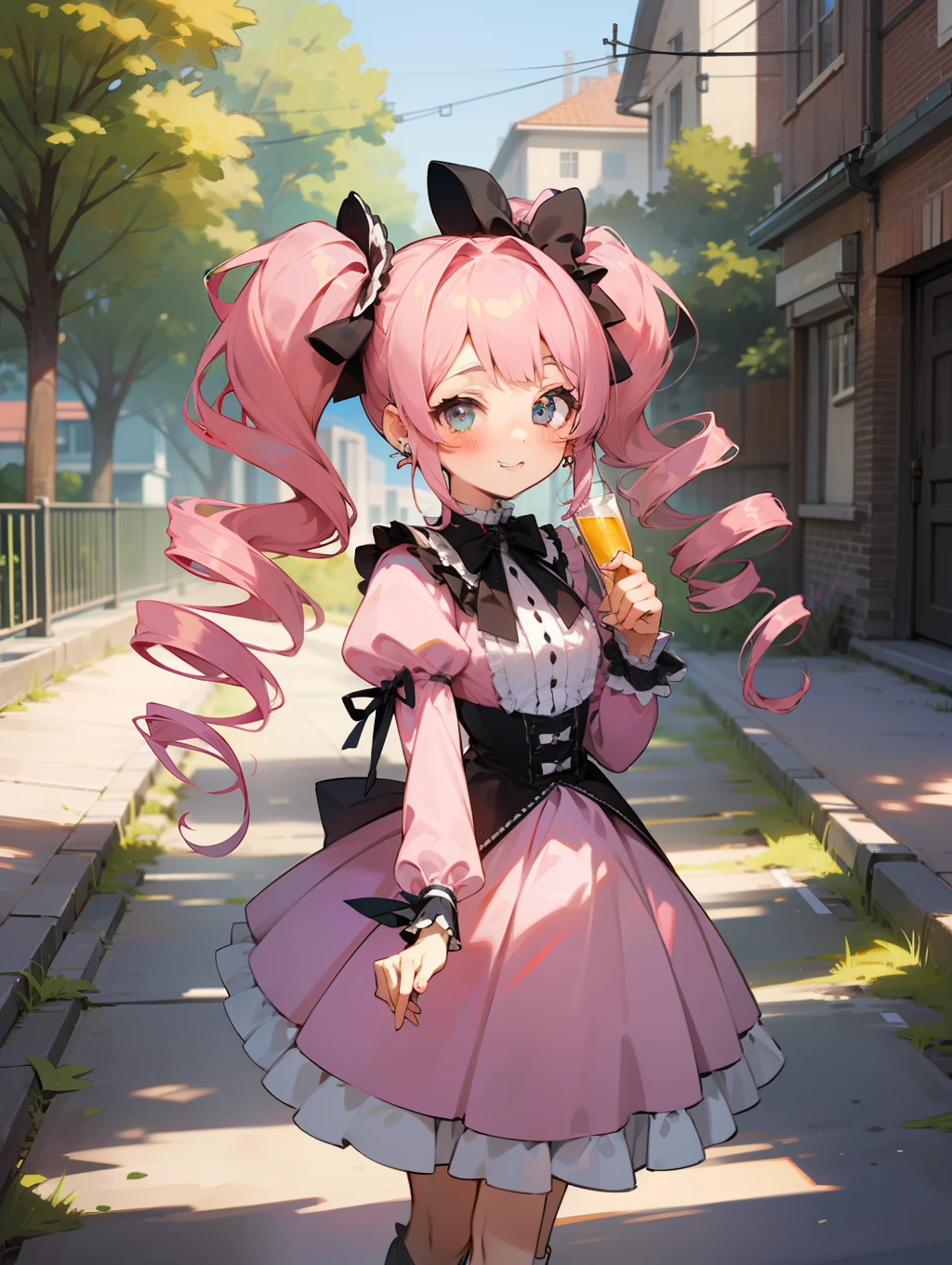 Masterpiece, hyper quality, Hyper Detailed, Perfect drawing,Hi-Res、1girll,ssmile、Loose and fluffy hair、(((drills twintails)))、A pink-haired、Big eyes with double eyelids、lofty nose、blusher(0.2)、small mouth、ear piercings、(((Lolita Fashion)))、Clothes with lots of lace and frills、Dresses in pastel colors、White or pink clothes、Premium Services、Luxury underwear、a miniskirt,knee high socks(:1.5),(garterbelts)、butt sticks out, Big round buttocks, blue-sky、Summer colors、Sunlight、Walking trail、Shooting from diagonally below, portlate、beatiful backgrounds, meticulous drawing, Accurate drawing、Perfect illustration、Perfect Beautiful Girl、high-class sense、