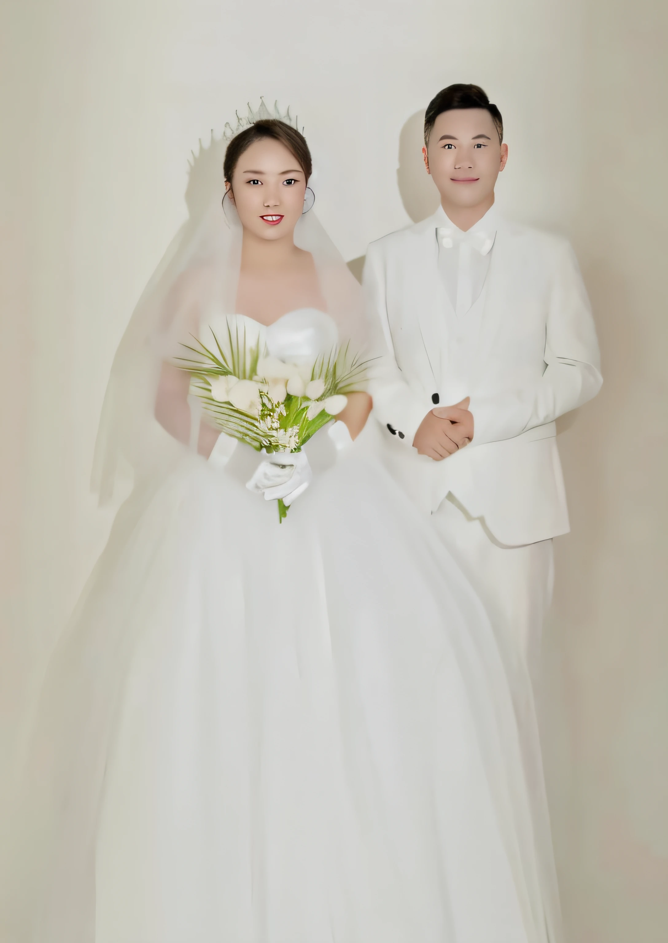 The bride and groom in white tuxedos pose for a photo, wedding photo, cute couple, Bride and groom, Happy couple, Wedding, Ruan Jia and Fenghua Zhong, in front of white back drop, height of 165cm, couple, 155 cm tall, couples portrait, Bride, photograph taken in 2 0 2 0