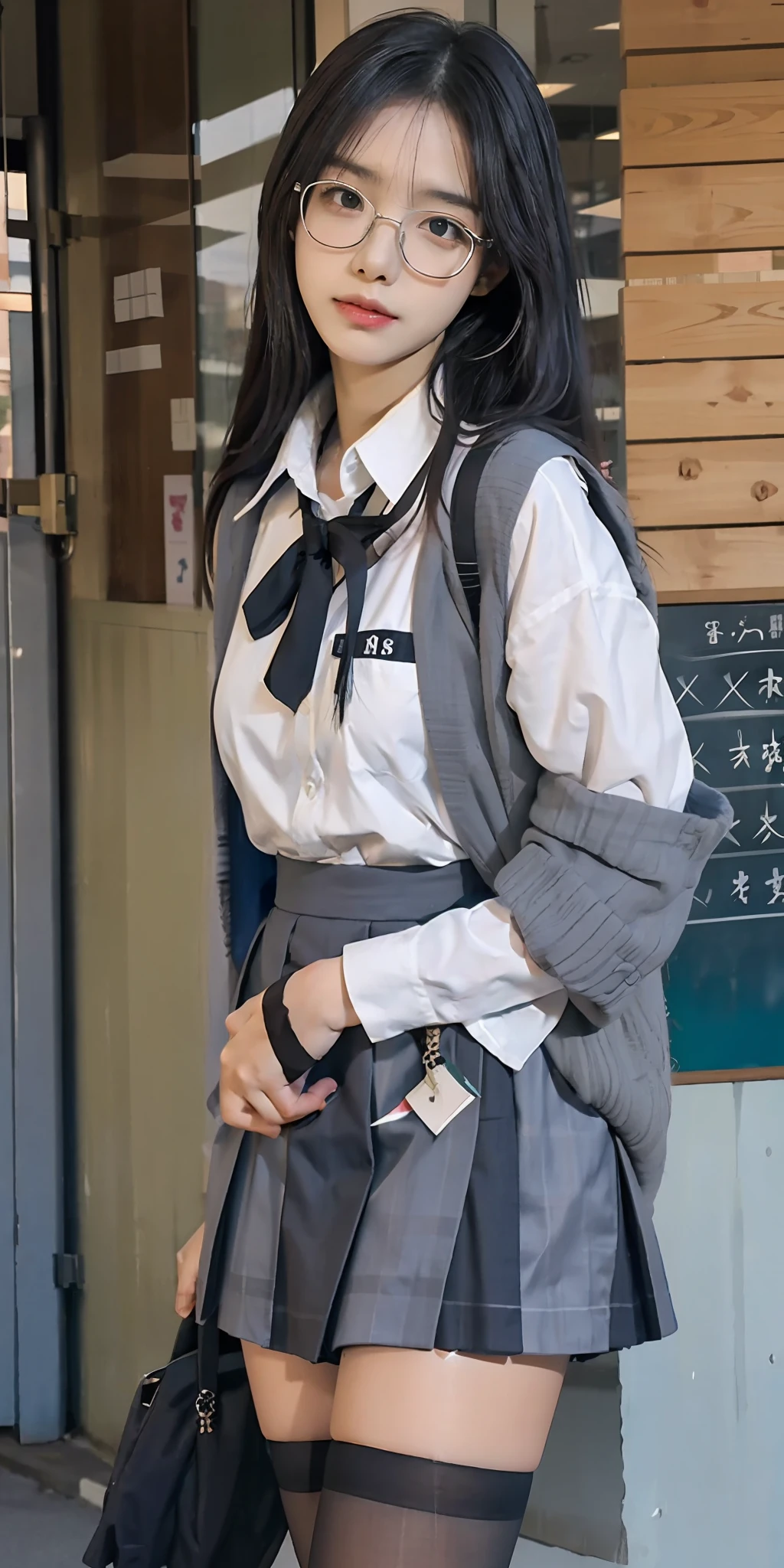 in a skirt、Arad women posing for photos wearing shirts and glasses, Realistic schoolgirl, Surrealism female students, Surrealism female students, girl in uniform, japanese girl school uniform, Clear gray stockings, seifuku, Japanese school uniform, Female Student, tall female emo art student, , JK school uniform，exteriors，(vague background:1.5)