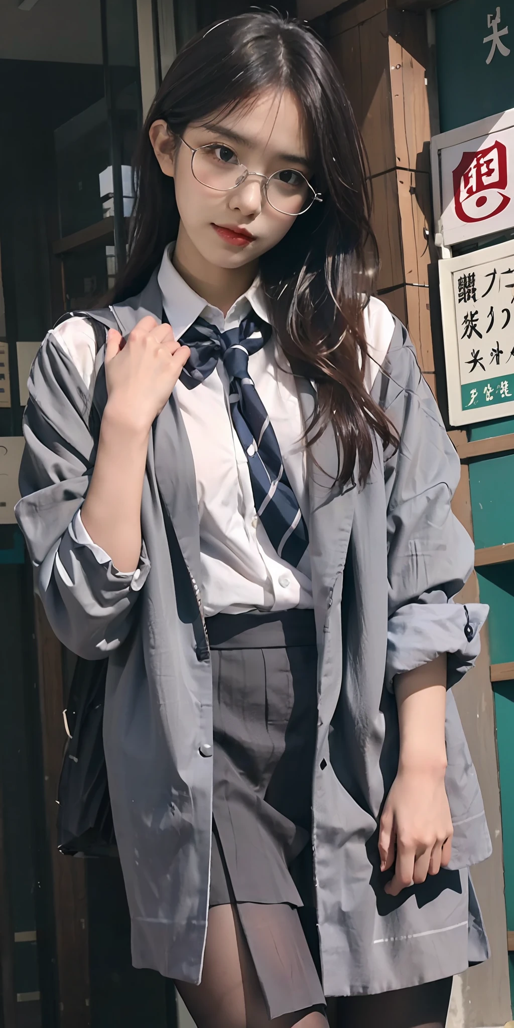 in a skirt、Arad women posing for photos wearing shirts and glasses, Realistic schoolgirl, Surrealism female students, Surrealism female students, girl in uniform, japanese girl school uniform, Clear gray stockings, seifuku, Japanese school uniform, Female Student, tall female emo art student, , JK school uniform，exteriors，(vague background:1.5)