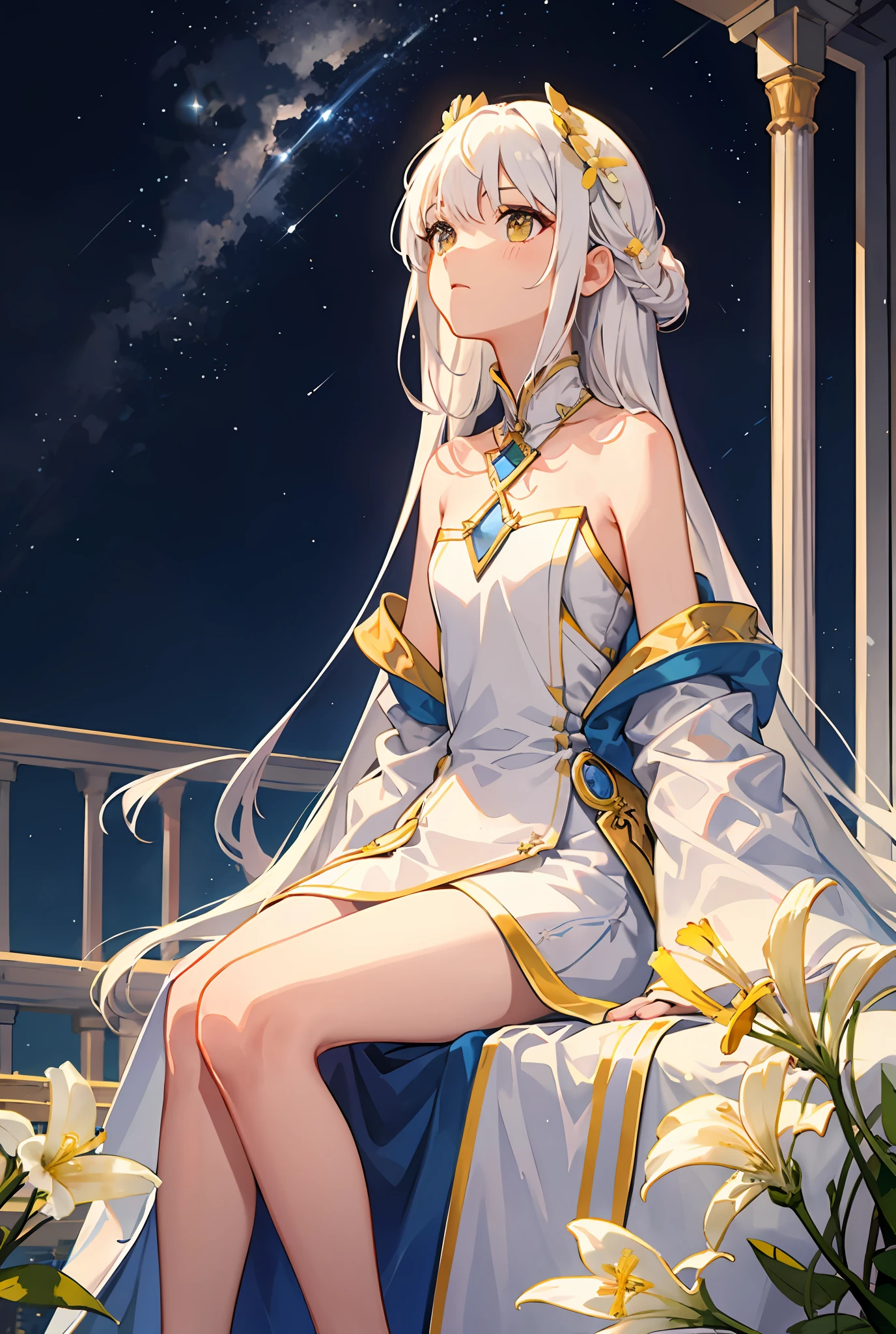 Perfect Anatomy,1girl in, White hair,Stargazer,flat chest,年轻,high priestess,Shoulder out,look up sky,Sitting,nigh sky,plein air,plateau,(Wide Viewer:1.3),(evening primrose:1.3),be dazed