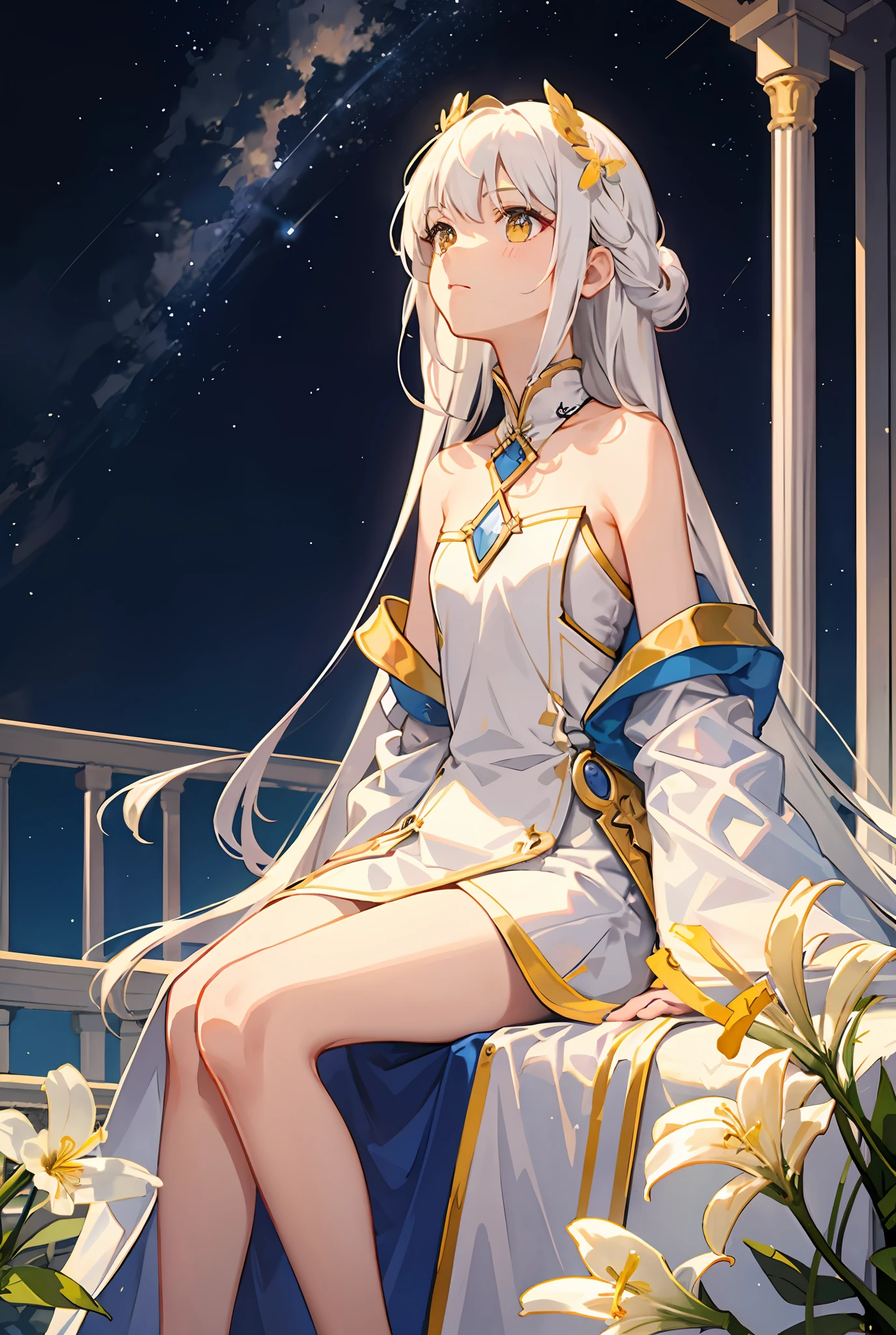 Perfect Anatomy,1girl in, White hair,Stargazer,flat chest,年轻,high priestess,Shoulder out,look up sky,Sitting,nigh sky,plein air,plateau,(Wide Viewer:1.3),(evening primrose:1.3),be dazed
