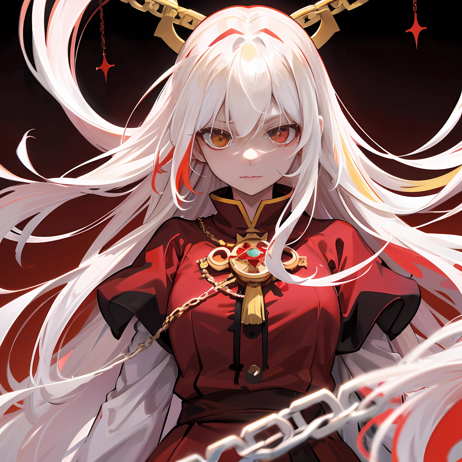 Long white hair, A red gradient at the end, The bangs are dyed red separately on both sides, head portrait, Yellow-red heterochromic pupils, Red and black robes, judge, Cross decoration, Chain decoration, Royal Sister, Expressionless, Anime style, Close-up, Masterpiece, Textured skin, Anatomically correct