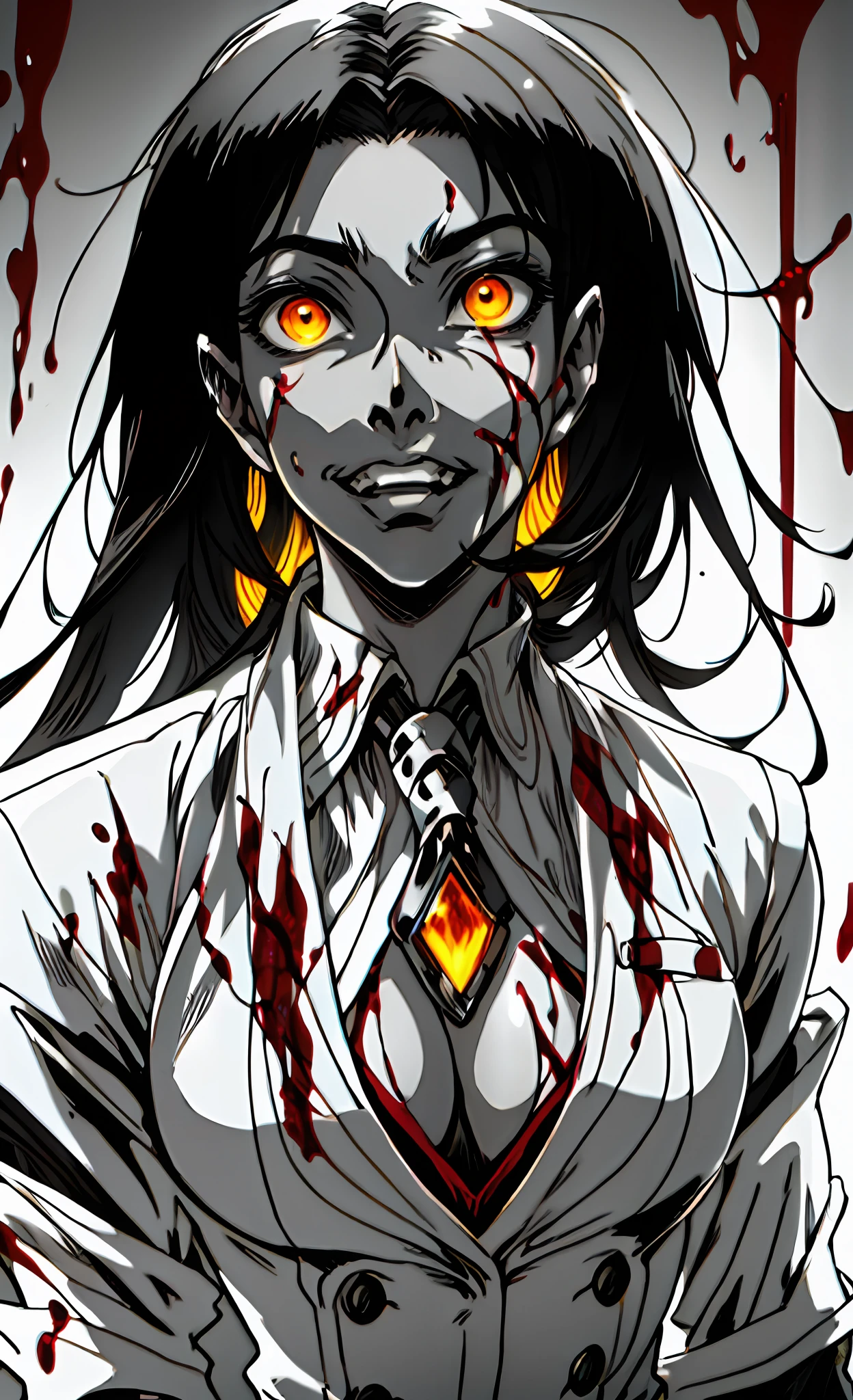 Close-up of a girl in a suit and tie, androgynous vampire, junji ito 4 k, with long dark hair, ito junji art, style of junji ito, Dark Costume, portrait of sadako of the ring, Gentle androgynous princess , Beautiful androgynous princess , with her long black hair, girl in suit, (big yellow eyes:1.3), fangs, detailing, (generous cleavage), Burst breasts, extra high resolution, 8K, (The blood on her lips runs down her neck), (Lovely Medium Breasts), perfect anatomy, (Gloomy color scheme:1.5), (skinny body)