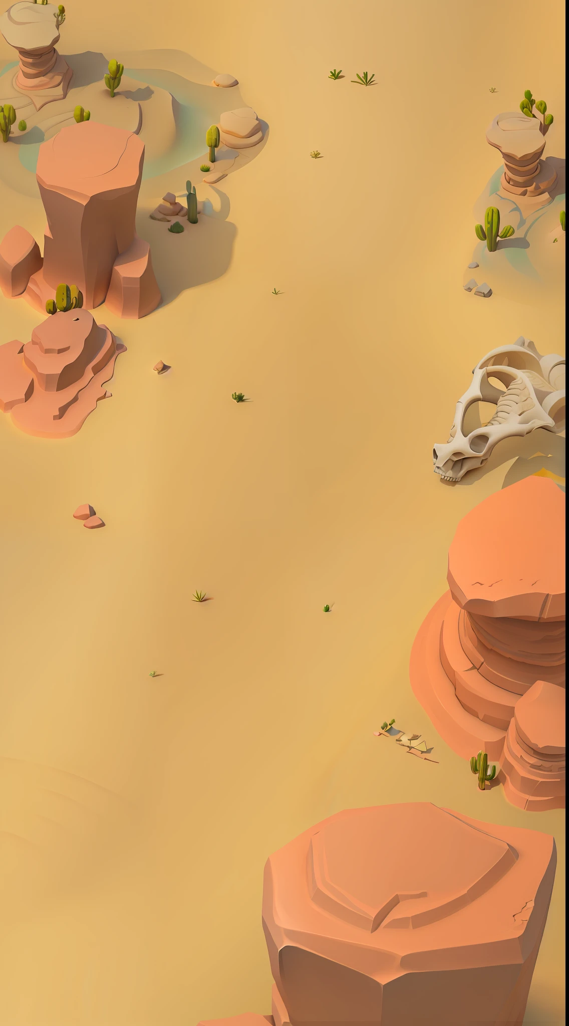 high quality illustration,cartoonish style,There is a small desert,Bones and skeletons,There are a lot of plants and rocks, sand and desert environment, Desert environment, rocky desert, Desert background, desert oasis background, Sand desert fantasy, desert valley of bones, desert wasteland, Stylized concept art, desert composition, desert scenery, canyon background, somewhere in sands of the desert, desert lands, 3 d render stylized