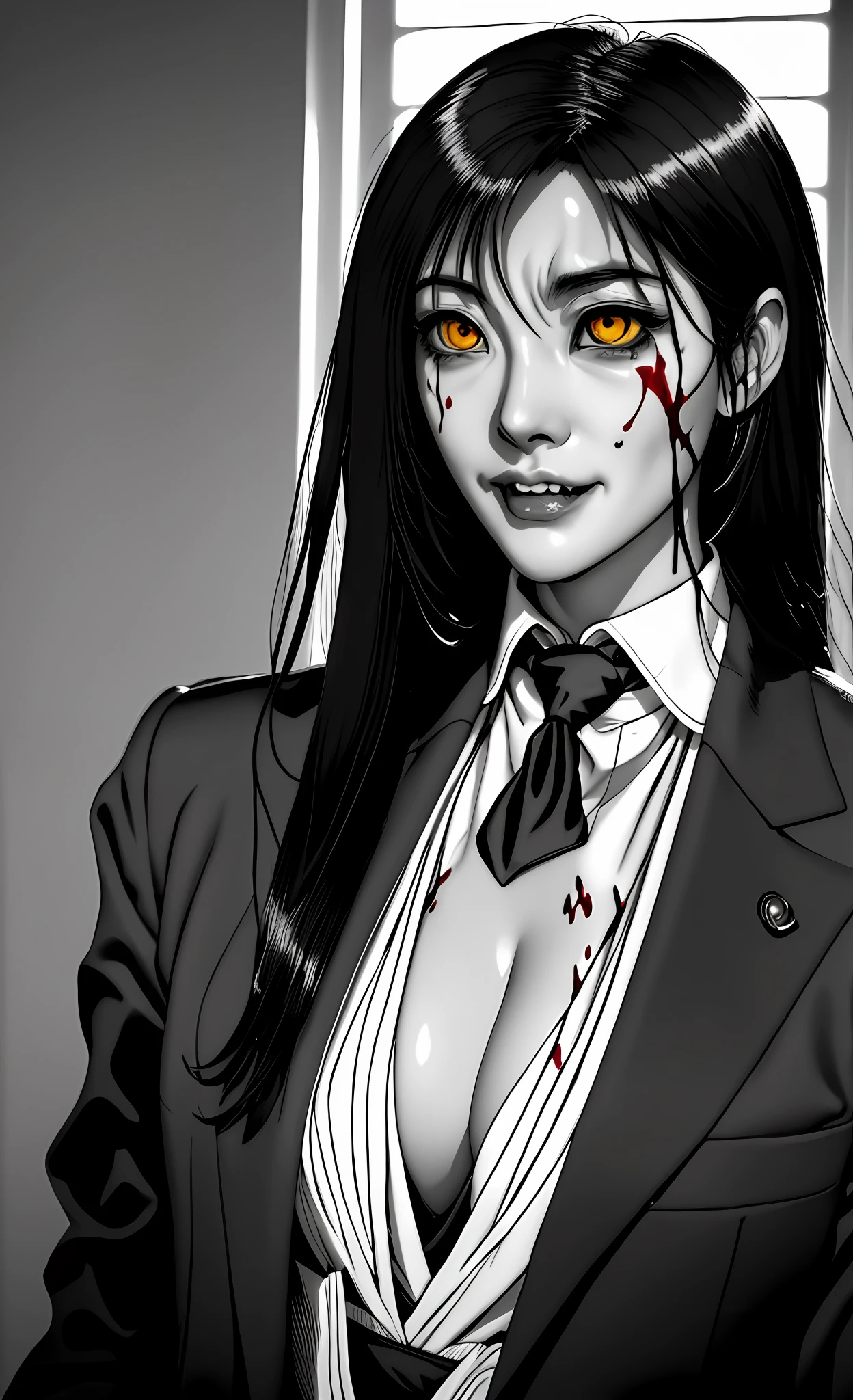 Close-up of a girl in a suit and tie, androgynous vampire, junji ito 4 k, with long dark hair, ito junji art, style of junji ito, Dark Costume, portrait of sadako of the ring, Gentle androgynous princess , Beautiful androgynous princess , with her long black hair, girl in suit, (big yellow eyes:1.3), fangs, detailing, (generous cleavage), Burst breasts, extra high resolution, 8K, (The blood on her lips runs down her neck), (Lovely Medium Breasts), perfect anatomy, (Gloomy color scheme:1.5), (skinny body)