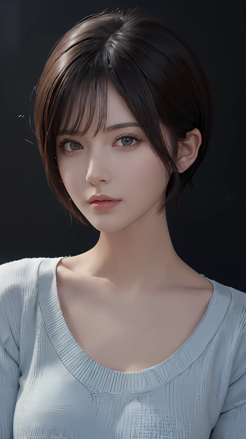 (masterpiece:1.3), (8k, photorealistic, RAW photo, best quality: 1.4), (1girl), beautiful face, (realistic face), (black hair, short hair:1.3), beautiful hairstyle, realistic eyes, beautiful detailed eyes, (realistic skin), beautiful skin, (sweater), absurdres, attractive, ultra high res, ultra realistic, highly detailed, golden ratio