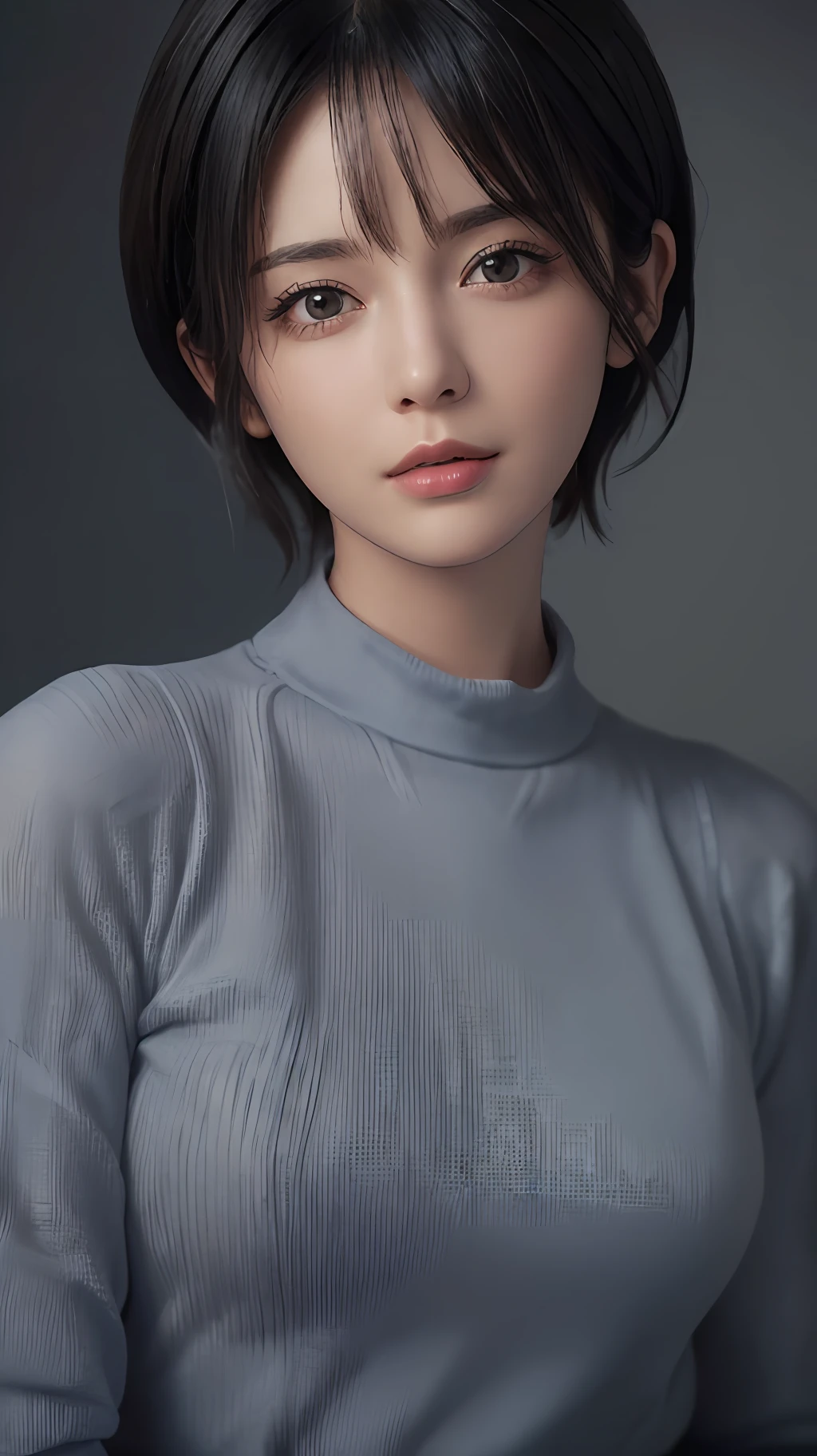(masterpiece:1.3), (8k, photorealistic, RAW photo, best quality: 1.4), (1girl), beautiful face, (realistic face), (black hair, short hair:1.3), beautiful hairstyle, realistic eyes, beautiful detailed eyes, (realistic skin), beautiful skin, (sweater), absurdres, attractive, ultra high res, ultra realistic, highly detailed, golden ratio