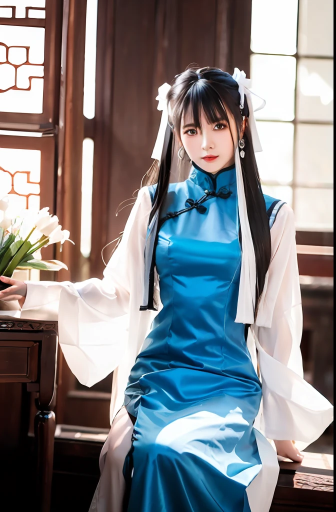 Alavid woman in white dress and blue and yellow dress, Hanfu, White Hanfu, Wearing ancient Chinese clothes, Palace , A girl in Hanfu, Ethereal beauty, Tang dynasty, Traditional Chinese clothing, Princesa chinesa antiga, Inspired by Lan Ying, with acient chinese clothes, Inspired by Qiu Ying, Beautiful rendering of the Tang Dynasty