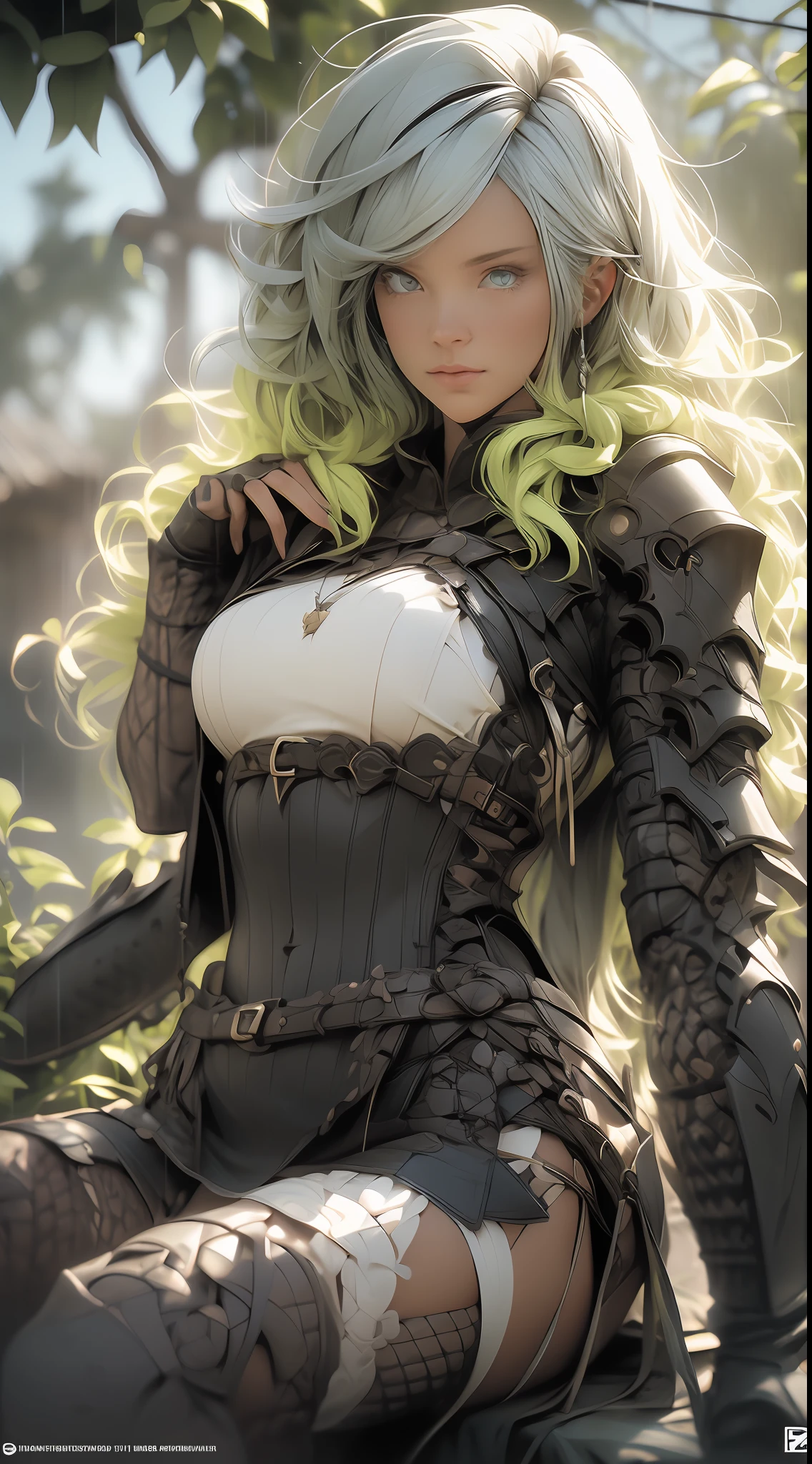 (REALISTIC 3D, FANTASY:1.25, PHOTOSHOOT:1.25, SENSUAL POSES, CLOSE UP), CLOSE UP PORTRAIT of LADY in Heavy RAIN SITTING ON GARDEN WITH LONG SILVER SWORD, depth of field, wearing GOLDEN FULL BODY ARMOUR, long BLONDE hair, PORTRAIT, LOOKING AT VIEWER, Lightings, trending in Artstation, in style of Wlop, Sharp focus, Concept artist, From below, official art, unity 8k wallpaper, ultra detailed, aesthetic, best quality