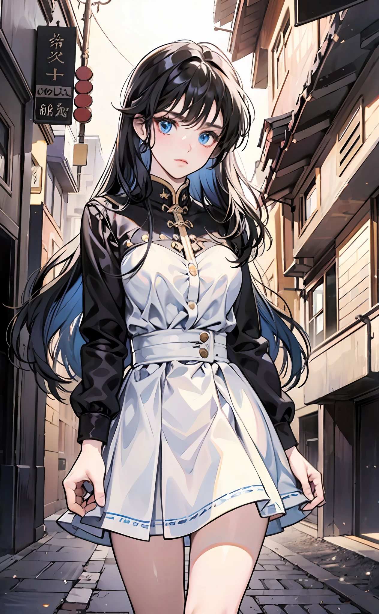 Long black hair and blue eyes,Girl in short white skirt,modern day,Simple,With bangs,Serious,face expressionless。