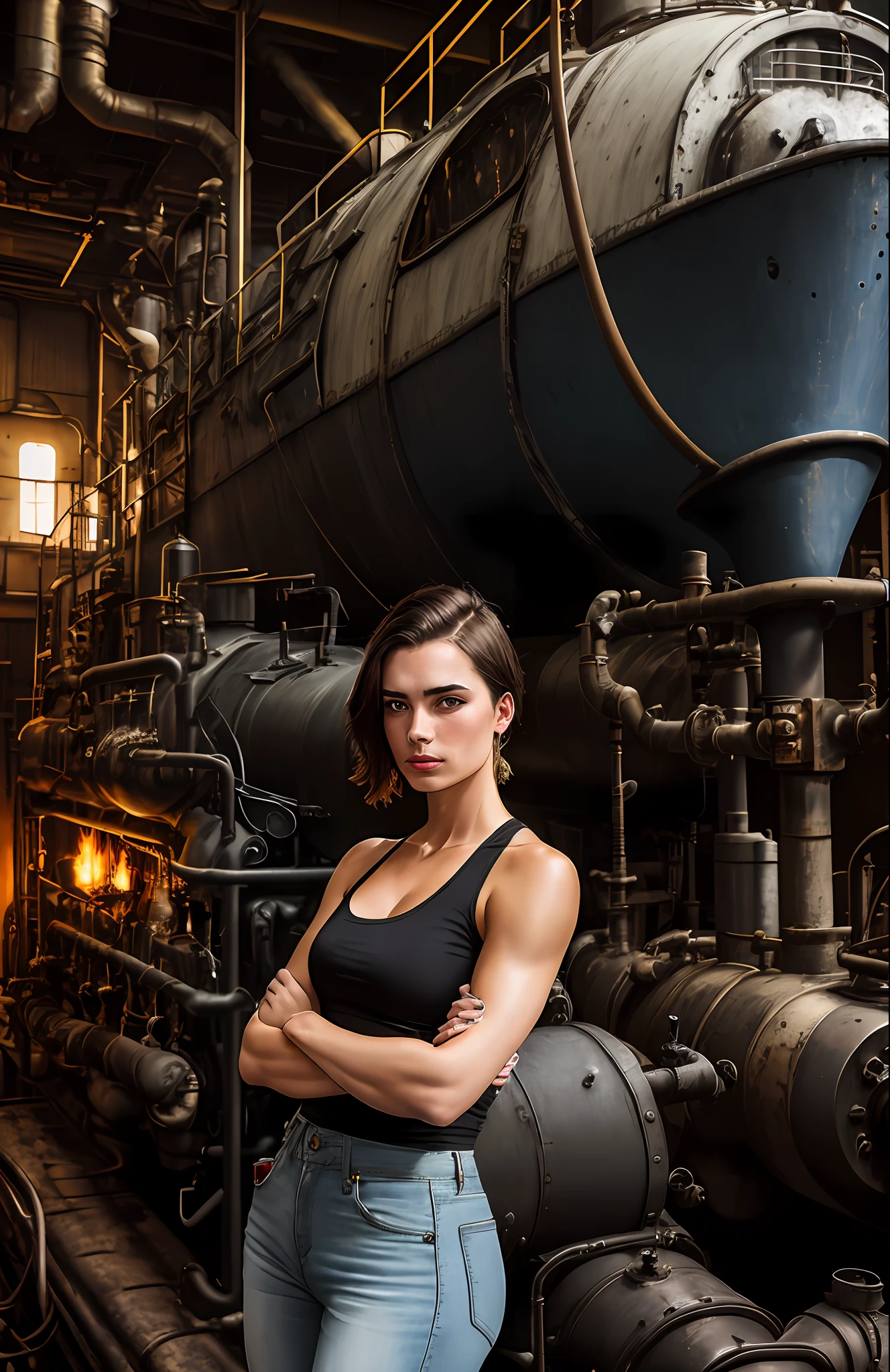 Young British woman, brunette, beautiful, a little bit muscled, white tank top with stains of oil and coal,Open jacket, engine room of a steam boat on background, stains of oil and coal in the body, steampunk