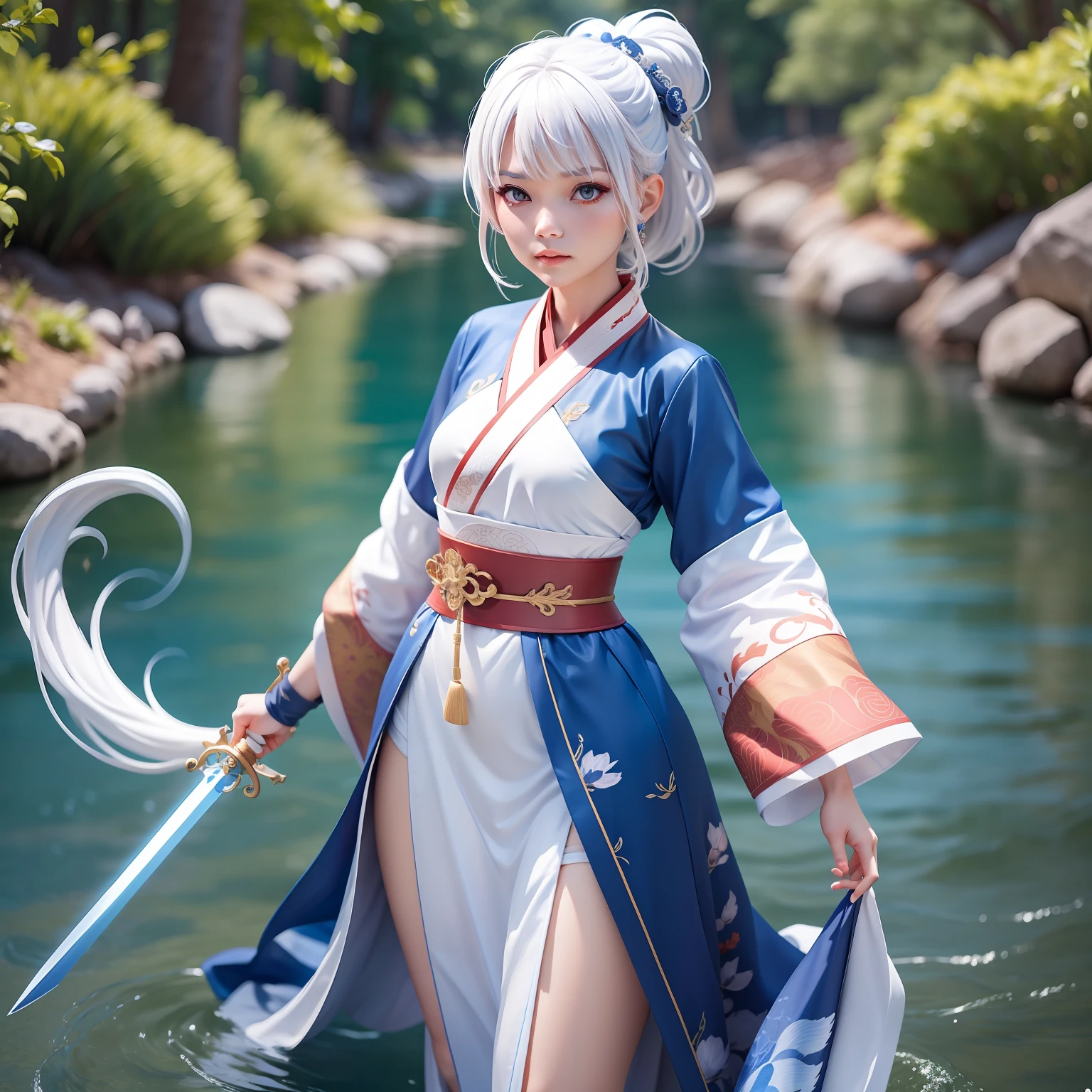 1 girl, dressed in hanfu robes, wearing a sword(blue flame), standing on the water(clear river full of fish), white hair, ponytail, short hair, white hair, UHD, anatomically correct, super detail, 8k, masterpiece, UHD, 8k, super detail, textured skin, award winning, best quality
