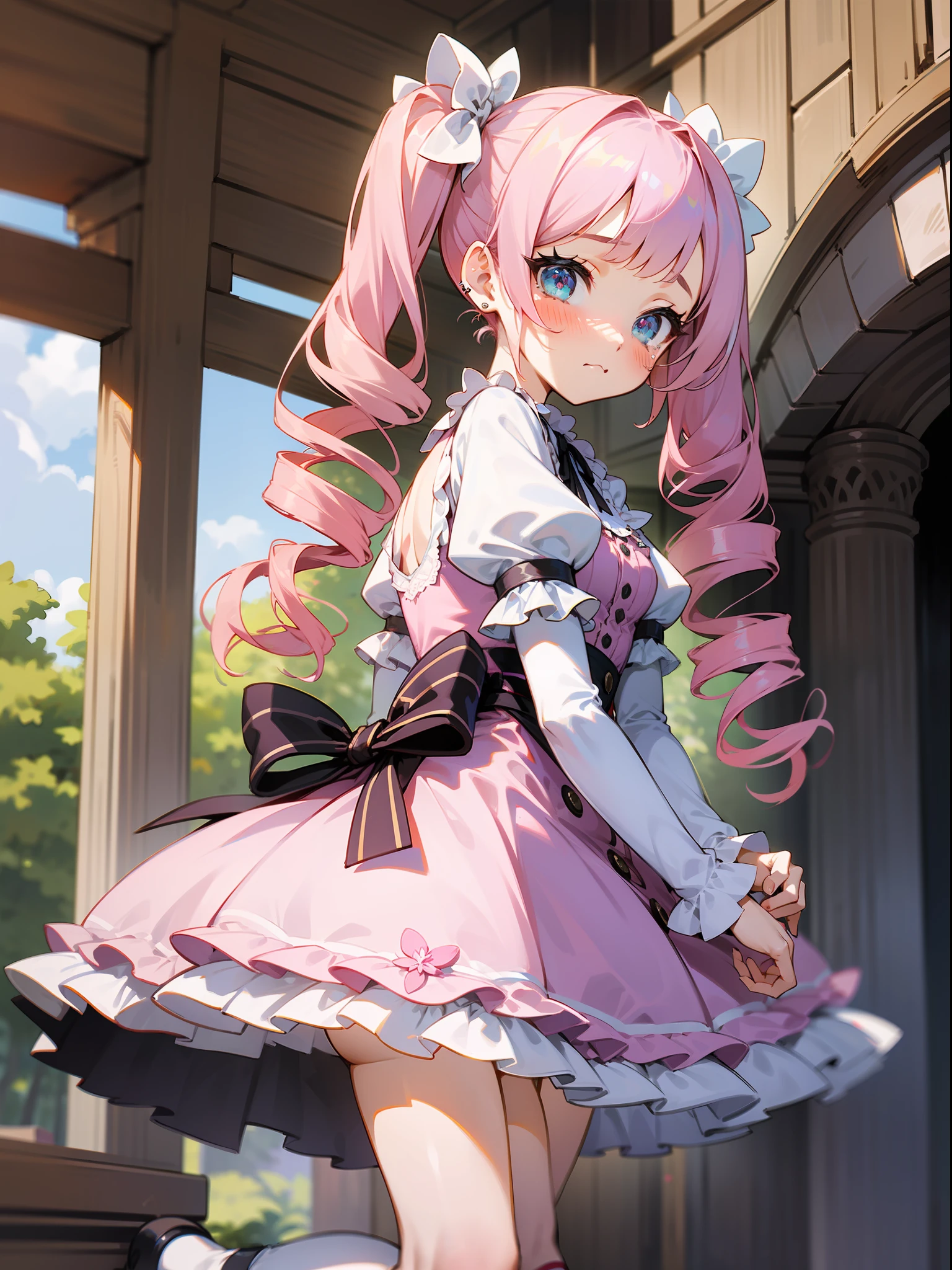 masutepiece, hyper quality, Hyper Detailed, Perfect drawing,Hi-Res、1girll,Sad face、Teary-eyed、Loose and fluffy hair、(((drills twintails)))、A pink-haired、Big eyes with double eyelids、lofty nose、blusher(0.2)、small mouth、ear piercings、(((Lolita Fashion)))、Clothes with lots of lace and frills、Dresses in pastel colors、White or pink clothes、Premium Services、Luxury underwear、a miniskirt,knee high socks(:1.5),(garterbelts)、butt sticks out, Big round buttocks, blue-sky、Summer colors、Sunlight、Walking trail、Shooting from diagonally below, portlate、beatiful backgrounds, meticulous drawing, Accurate drawing、Perfect illustration、Perfect Beautiful Girl、high-class sense、