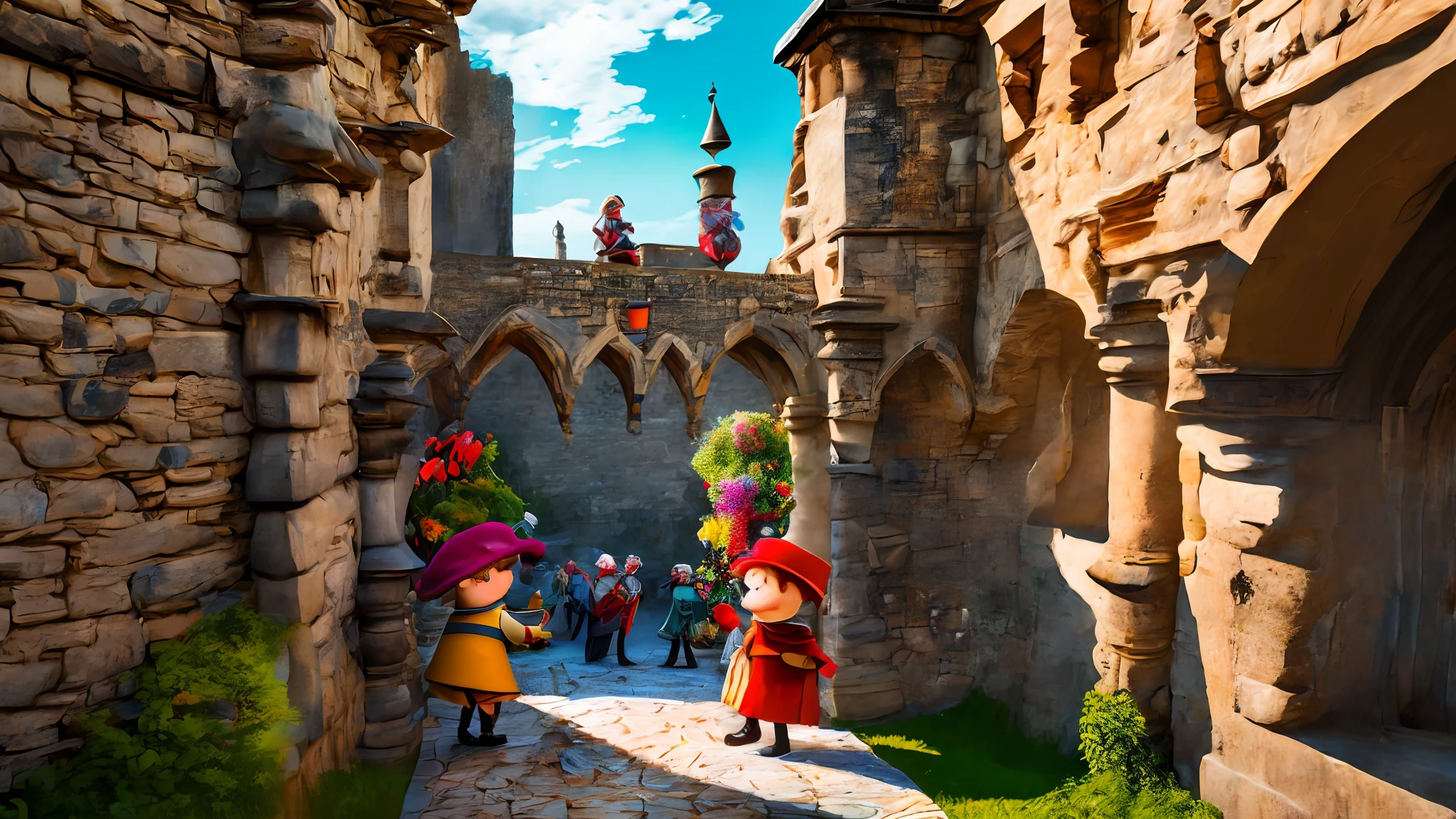Once in a medieval age realm, a little fellow named Rog lived calmly with his dad, Lord Nufer. This prompt takes place during a grand celebration within the castle walls. The environment is adorned with colorful banners, lively music, Rog and Lord Nufer are seen at the center of the festivities, enjoying the company of their friends and subjects. The image is executed in a realistic photographic style, using a wide-angle lens to capture the entire scene, --auto --s2