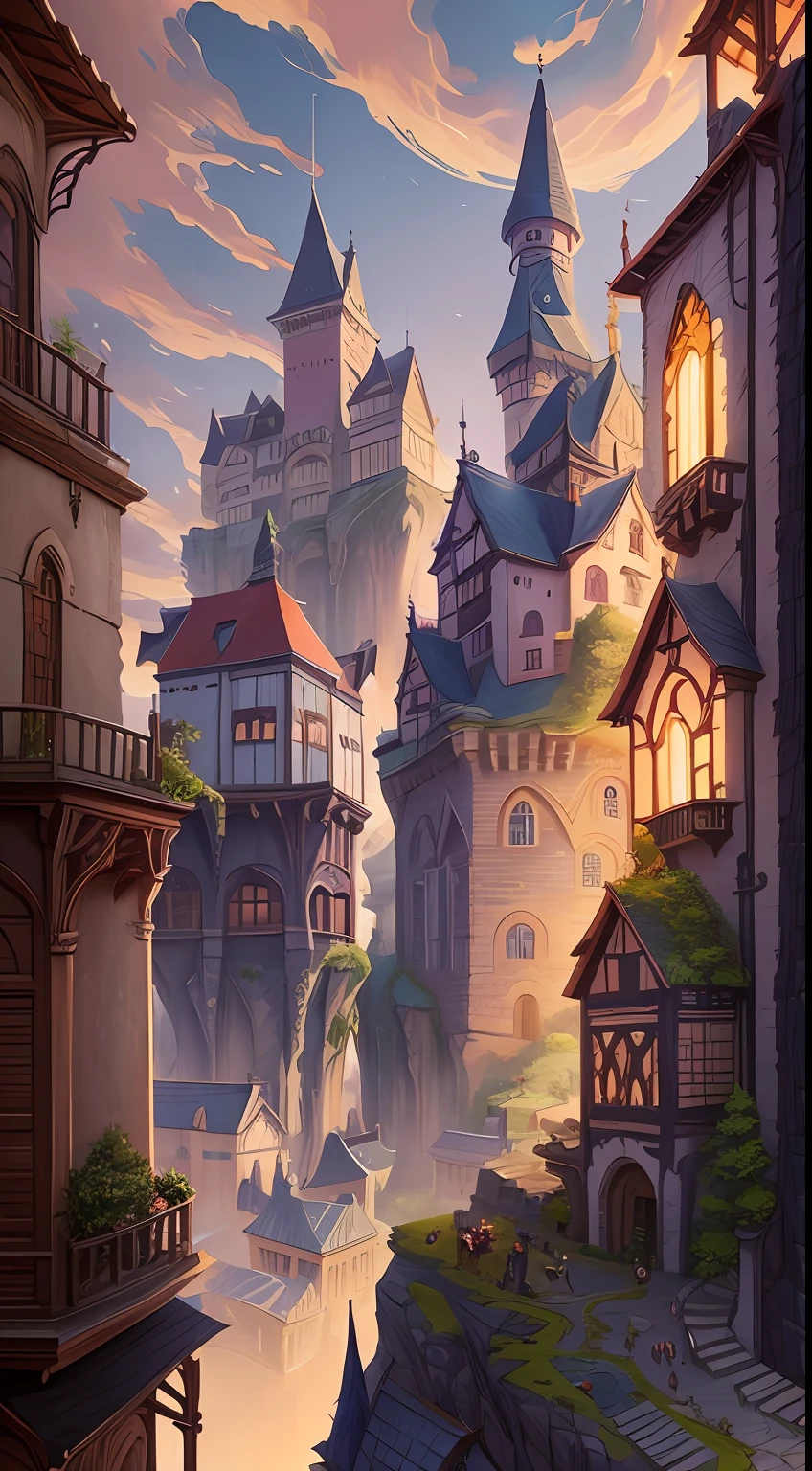 A painting of a town with a castle as a background, fantasy matte painting,Cute, Detailed digital 2D fantasy art, a bustling magical town, 2. 5 D CGI anime fantasy artwork, fantastic screenshot art, Stylized concept art, Digital 2D fantasy art, very coherent stylized artwork, magical fantasy 2 d concept art, Unreal Engine fantasy art